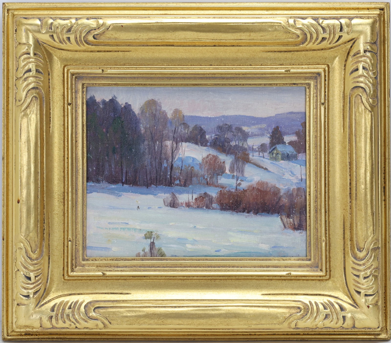 Ben Marcune (1935 - 2018): Oil on board, estate stamp en verso. Impressionist winter landscape with snow covered hills and distant farmhouse. 8"h x 9.5"w and 14.5"h x 16.5"w framed