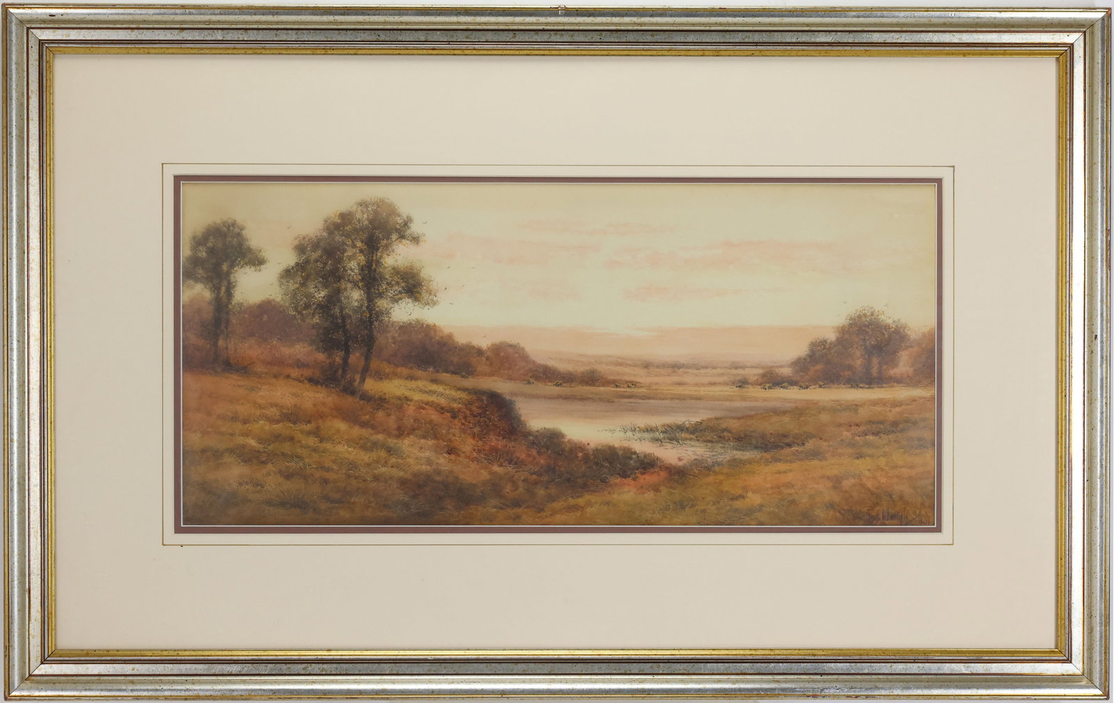 Frederick Judd Waugh (1861 - 1940): Watercolor, "Evening on the River", SDLR. Atmospheric tonal landscape with water and soft, hazy horizon. 21.5"h x 34.5"w framed