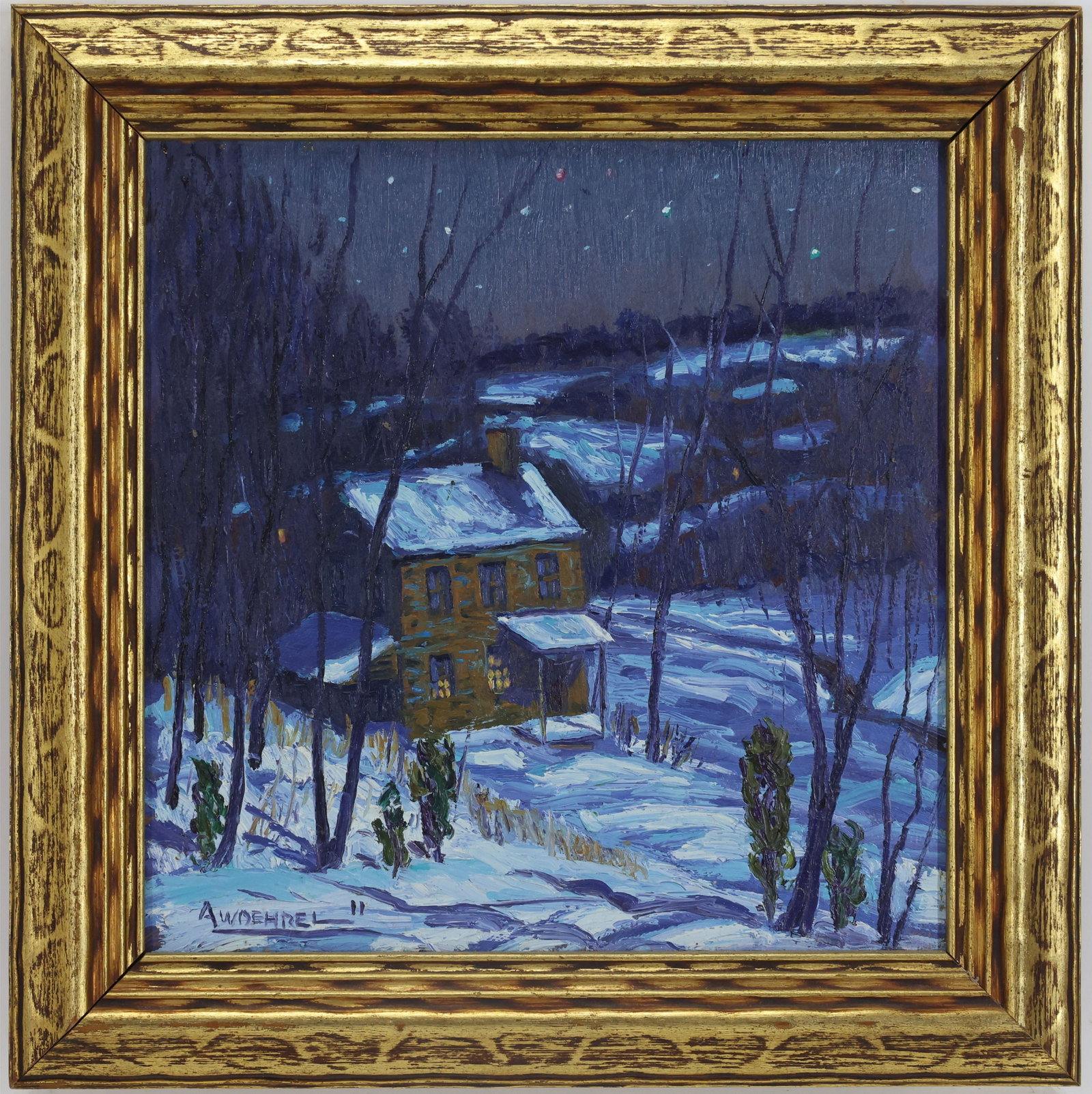 Andrew Woehrel (Born 1958): Oil on board, "Winter Evening", SLL. Impressionist winter nocturn with snow covered hills and farmhouse. 9.25"h x 9.25"w and 12"h x 12"w framed