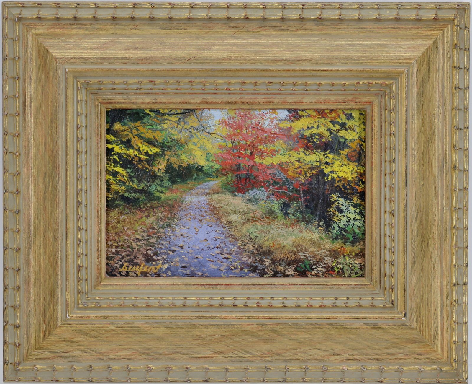 Robert Seufert (20/21st century): Oil on canvas," Stockton Bound", SLL. Impressionist autumn tree lined path with red and yellow foliage. 4"h x 6"w and 8"h x 10"w framed
