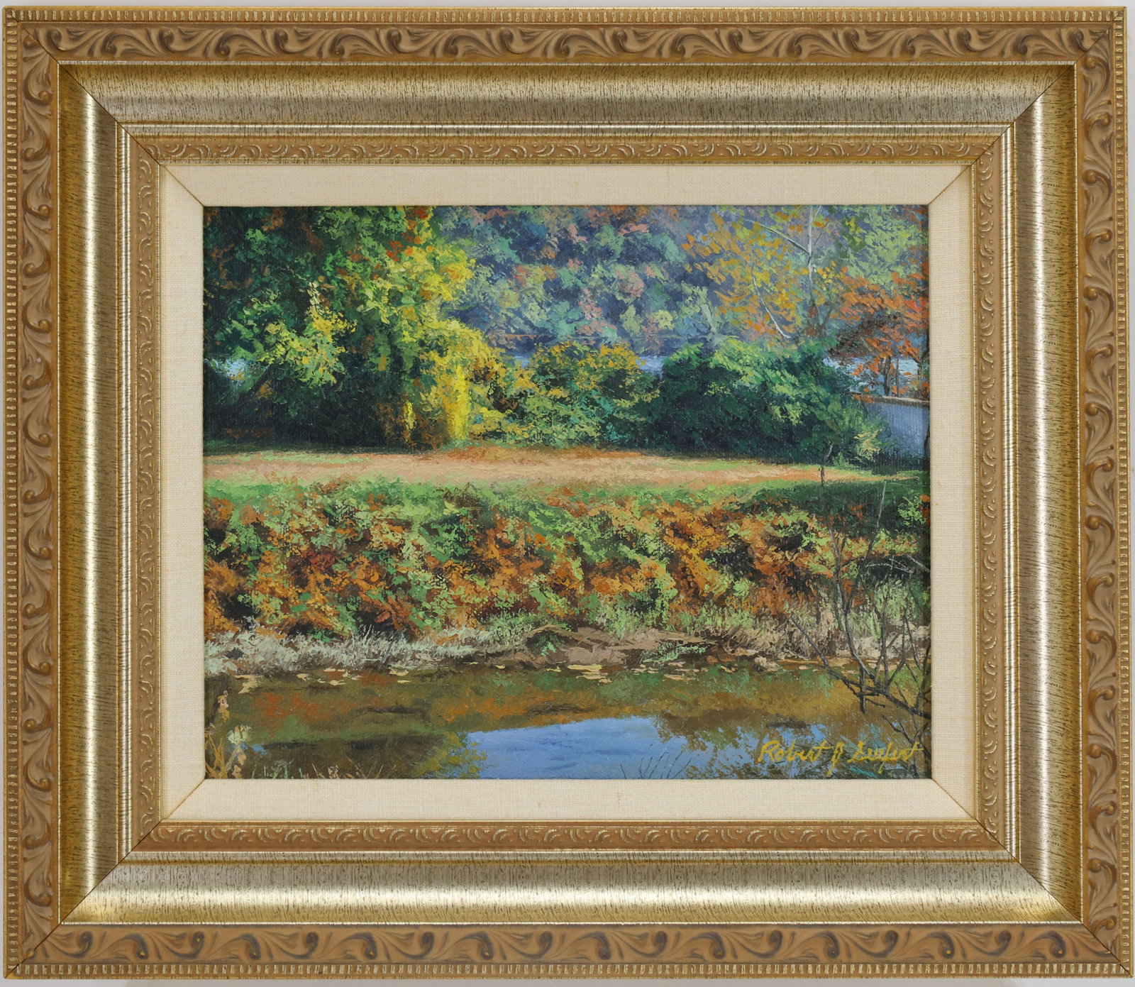 Robert Seufert (20/21st century): Oil on canvas, "Delaware Canal at New Hope II", SLR. Impressionist autumn landscape with trees, grassy bank, and reflective stream. 8"h x 10"w and 12"h x 14.5"w framed