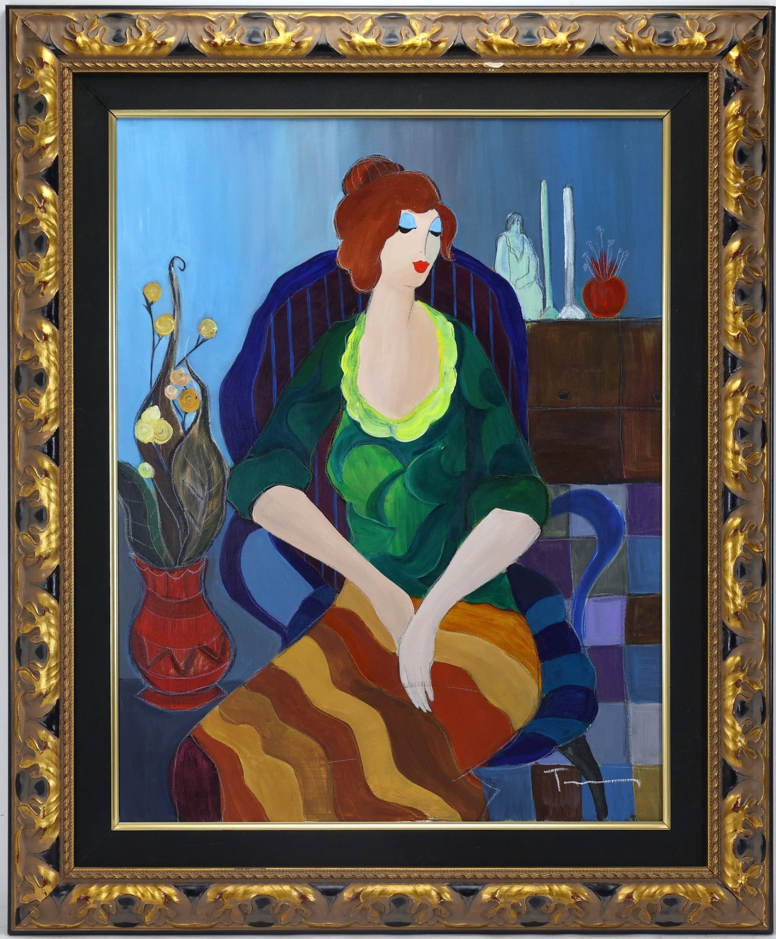Itzchak (Isaac) Tarkay (1935 - 2012): Oil on canvas, "Clever Girl", SLR. Modern figurative portrait of a seated woman. 28.5"h x 22.25"w and 36"h x 30"w framed