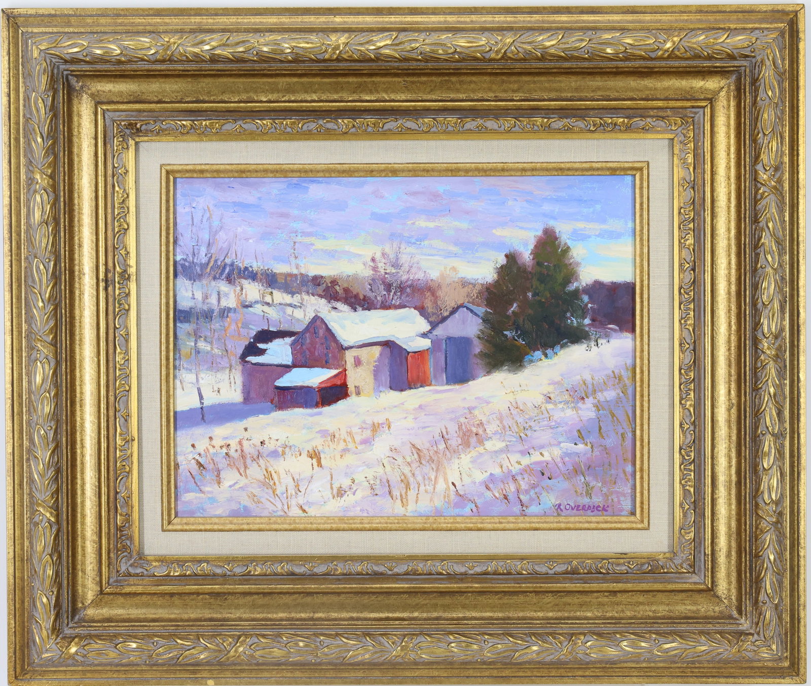 Ray Overpeck (Born 1933): Oil on board, "Farm at Stover Meyers Mill", SLR. Impressionist winter landscape with snow covered barns and rolling hills. 9"h x 12"w and 17"h x 20"w framed