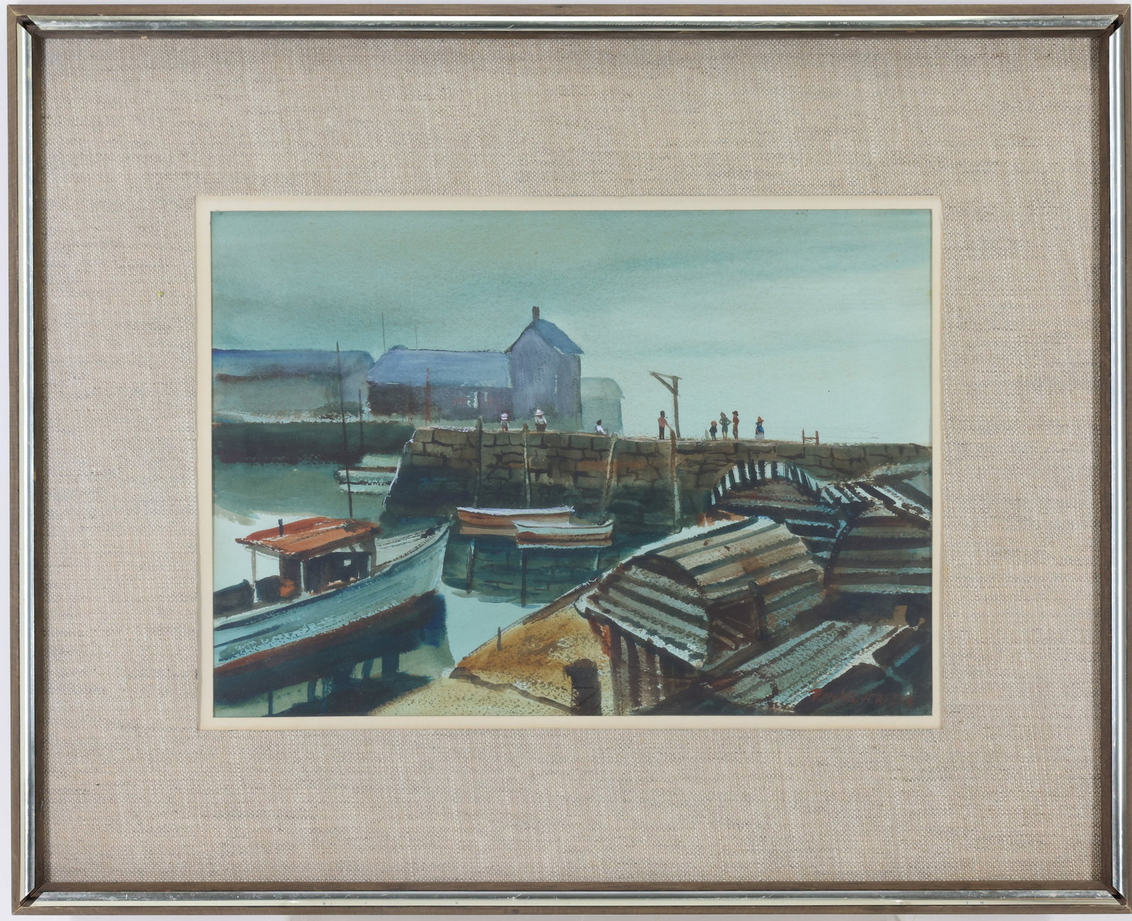 Ray Overpeck (Born 1933): Watercolor, "Morning Fog", SLR. Harbor with moored boats, stone bridge, and figures along waterfront. 9"h x 13"w sight and 17"h x21"w framed