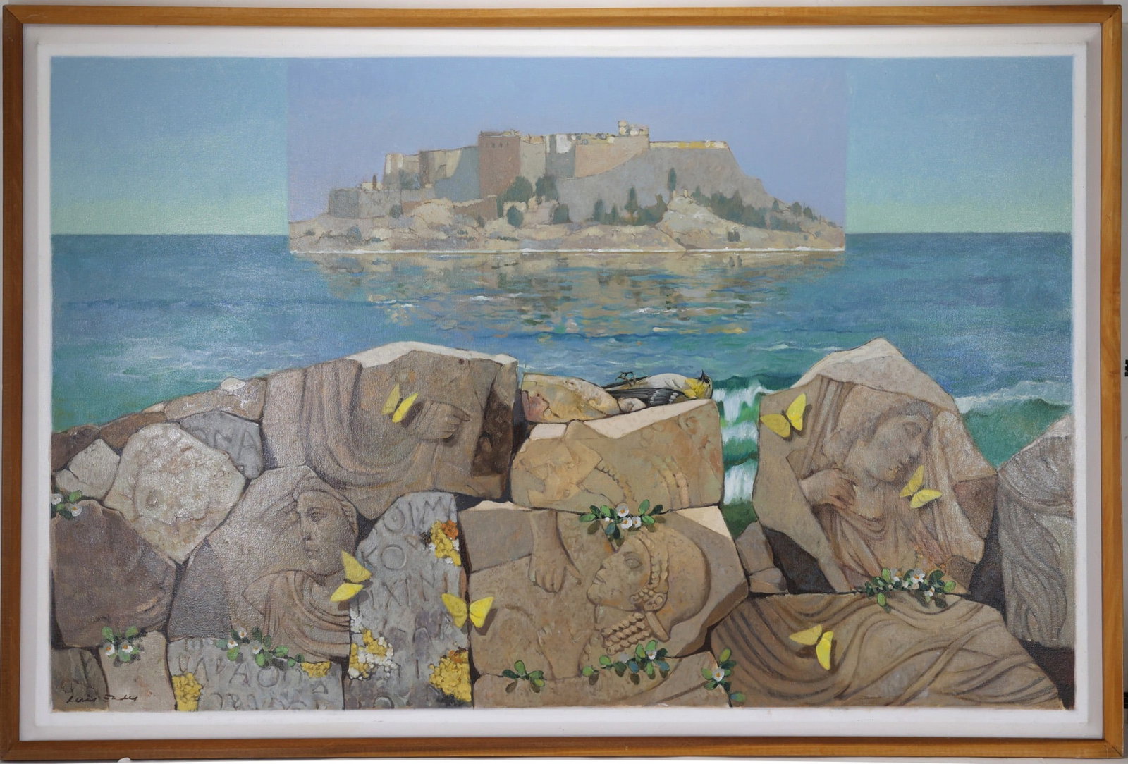 Luis Eric Eades (1923-2014): Oil on canvas, "Island", SLL. Coastal landscape with island fortress and sculptural stone fragments in foreground. 32"h x 48"w and 33"h x 49"w framed