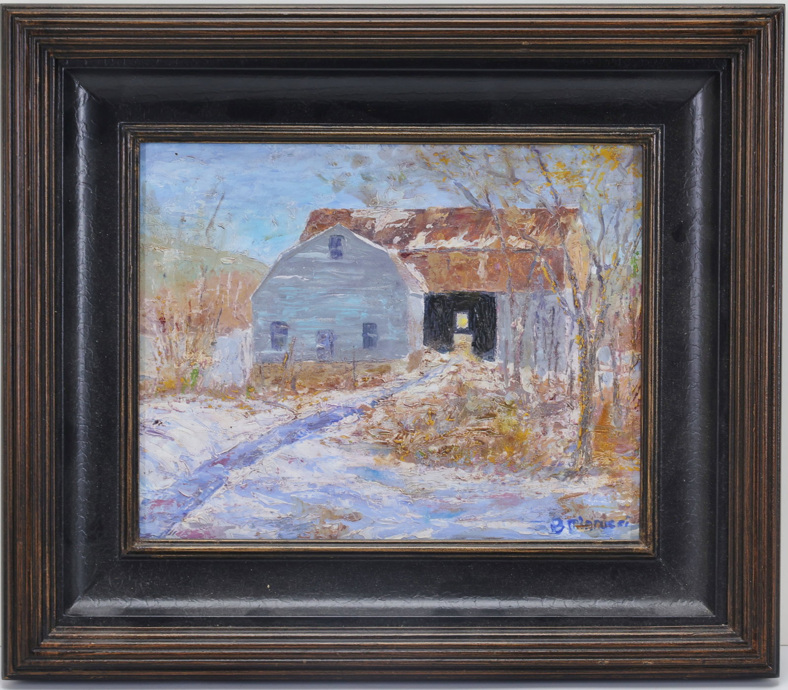 Betty Minnucci (20th c.): Oil on board "Open Door Barn", SLR. Impressionist winter rural landscape with barn, path, and snow covered ground. 8" x 10"w and 13"h x 14.5"w framed. From the Estate of George R. Parry, proceeds to b