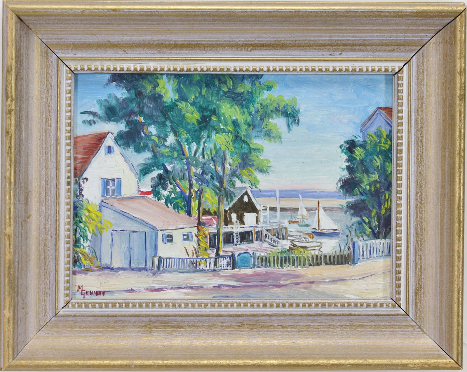 Mildred S. Gehman (1908 - 2006): Oil on board, SLL. Impressionist coastal village scene with houses, trees, and boats along the shoreline. 5"h x 7"w and 7.5" x 9.5"w framed. From the Estate of George R. Parry, proceeds to benefit Tem