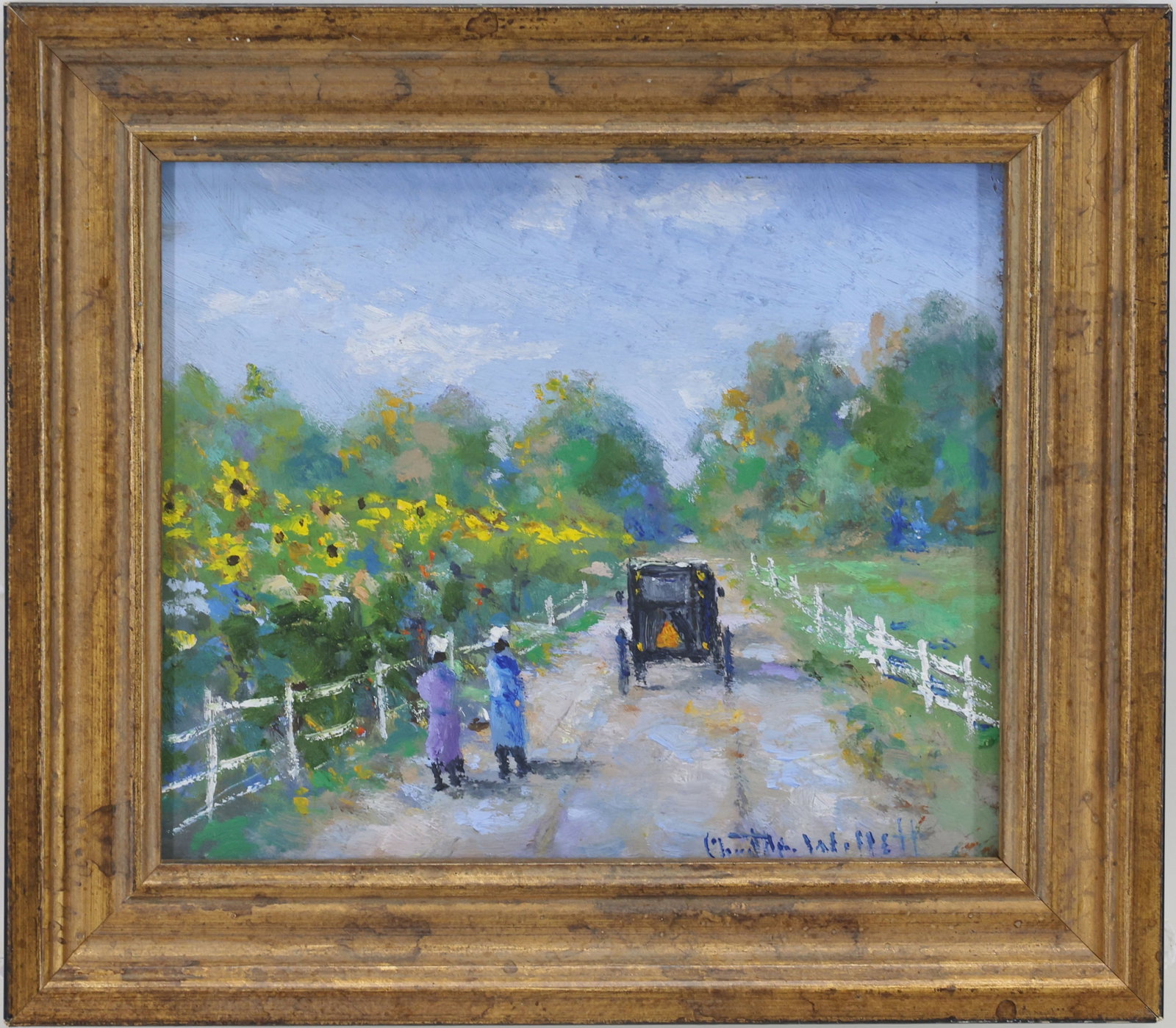 Christopher G. Willett (Born 1959): Oil on board, "Lancaster County", SLR. Impressionist rural roadside scene with figures and early automobile. 5”h x 6”w and 6.75”h x 8”w framed. From the Estate of George R. Par