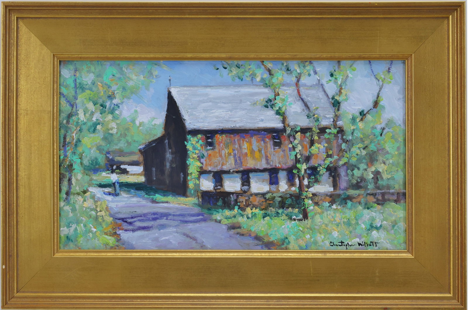 Christopher G. Willett (Born 1959): Oil on board, "Thatchers Barn, Haycock County", SLR. Impressionist rural landscape with farmhouse, path, and trees. 6”h x 11”w and 9”h x 14”w framed. From the Estate of George