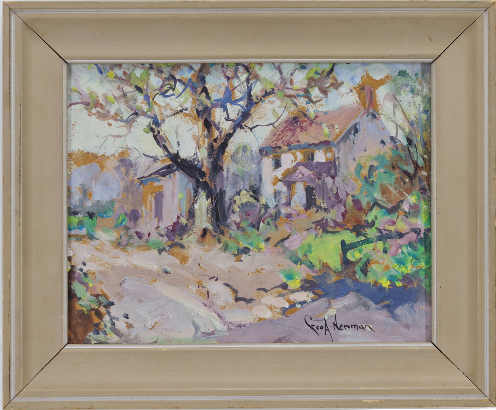 George A. Newman (1875 - 1965): Oil on paper, "Hemlock Lodge, Finland County", SLR. Expressionist rural landscape with house and trees. 6.5”h x 8.5”w sight and 9.5”h x 11.5”w framed. From the Estate of George