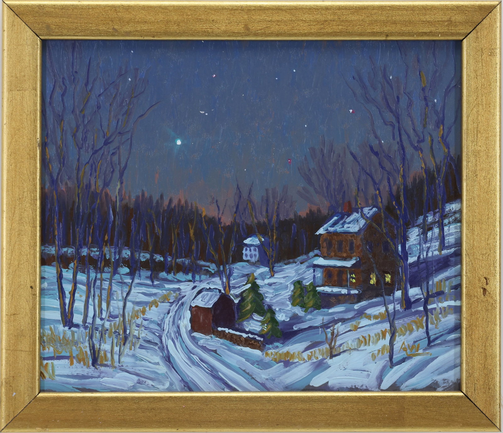 Andrew Woehrel (Born 1958): Oil on board, ILR, signed and dated en verso '16. Winter nocturne with snow covered houses and winding road. dated ’16, 7.5”h x 8.75”w From the Estate of George R. Parry, proceeds to ben