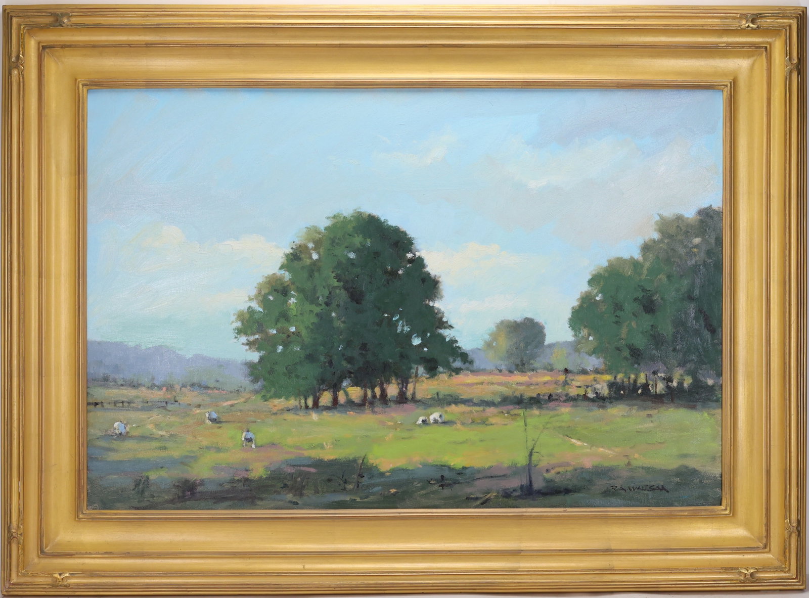Robert A Waltsak (Born 1944): Oil on canvas, “Cow Farm, 2014”, SLR. Pastural landscape with grazing cattle. 24”h x 36”w and 33”h x 45”w framed. From the Estate of George R. Parry, proceeds to benefi