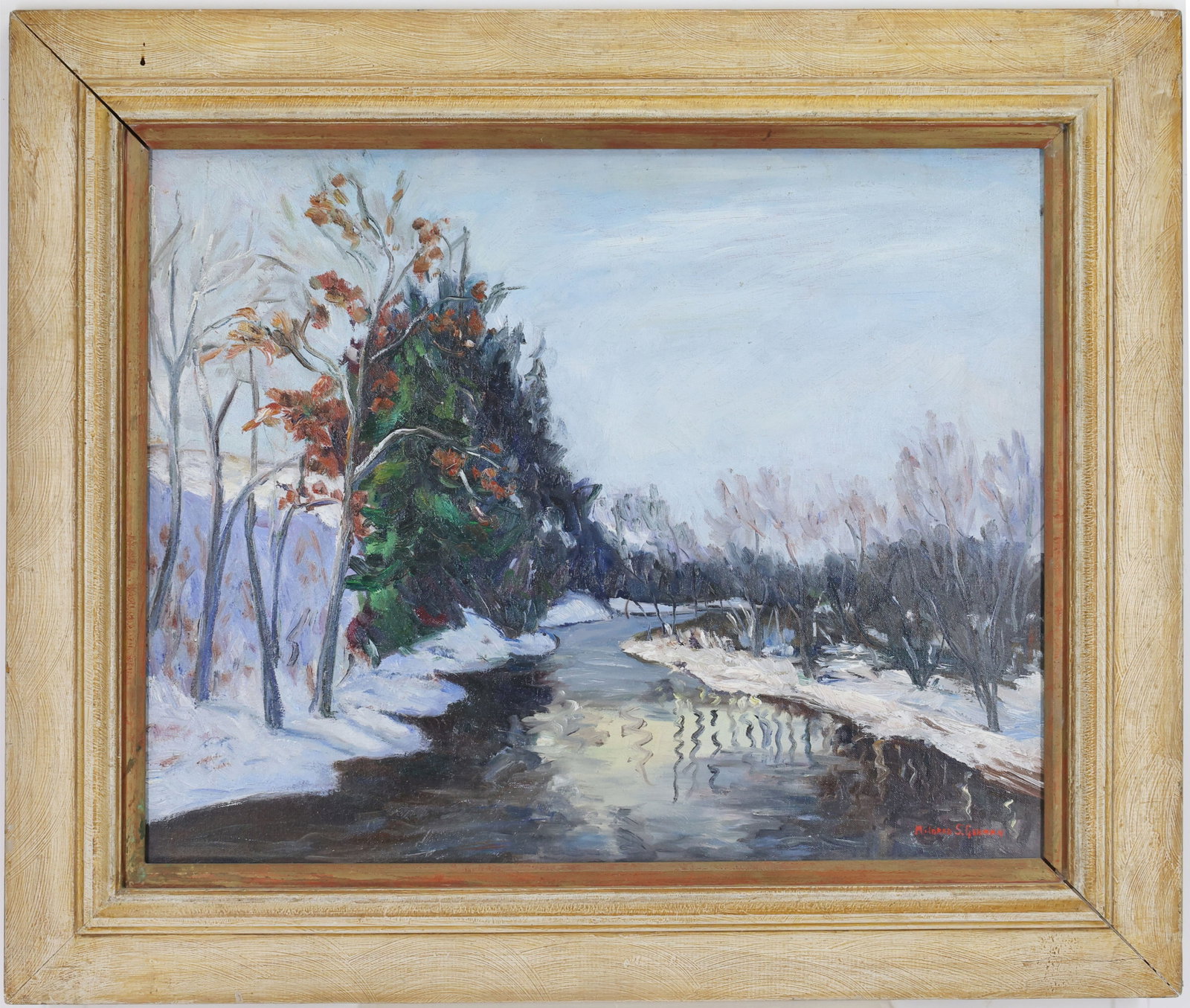 Mildred S. Gehman (1908 - 2006): Oil on board, SLR. Snowy winter landscape with a stream. 16”h x 20”w and 21.5”h x 25.5”w framed. From the Estate of George R. Parry, proceeds to benefit Temple University and C