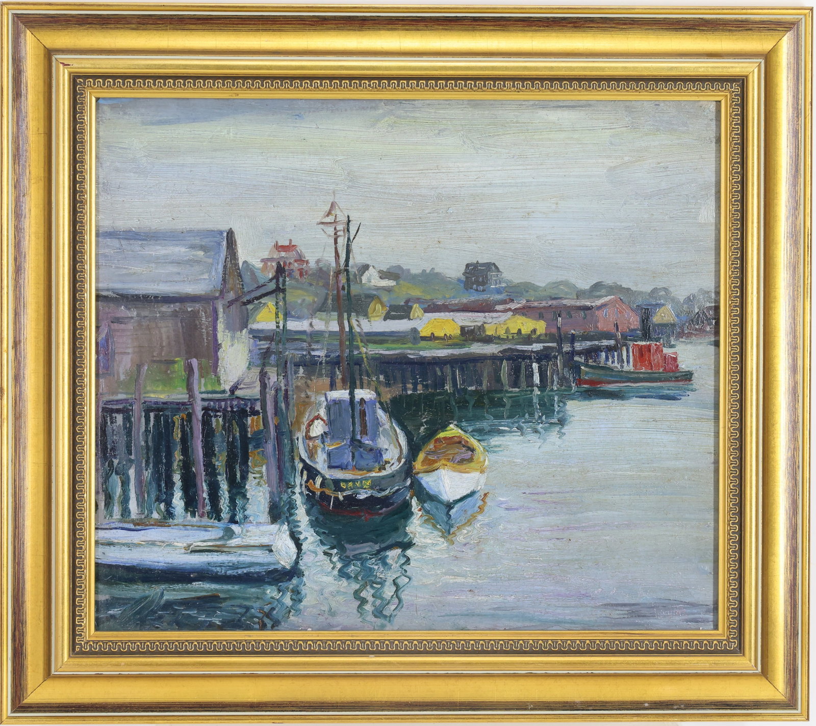 Walter Emerson Baum (1884 - 1956): Oil on board, “North Harbor,” SLL. Impressionist harbor scene with docked fishing boats, wooden pier, shoreline buildings and warehouses. 12”h x 14”w and 16”h x 18”w fr