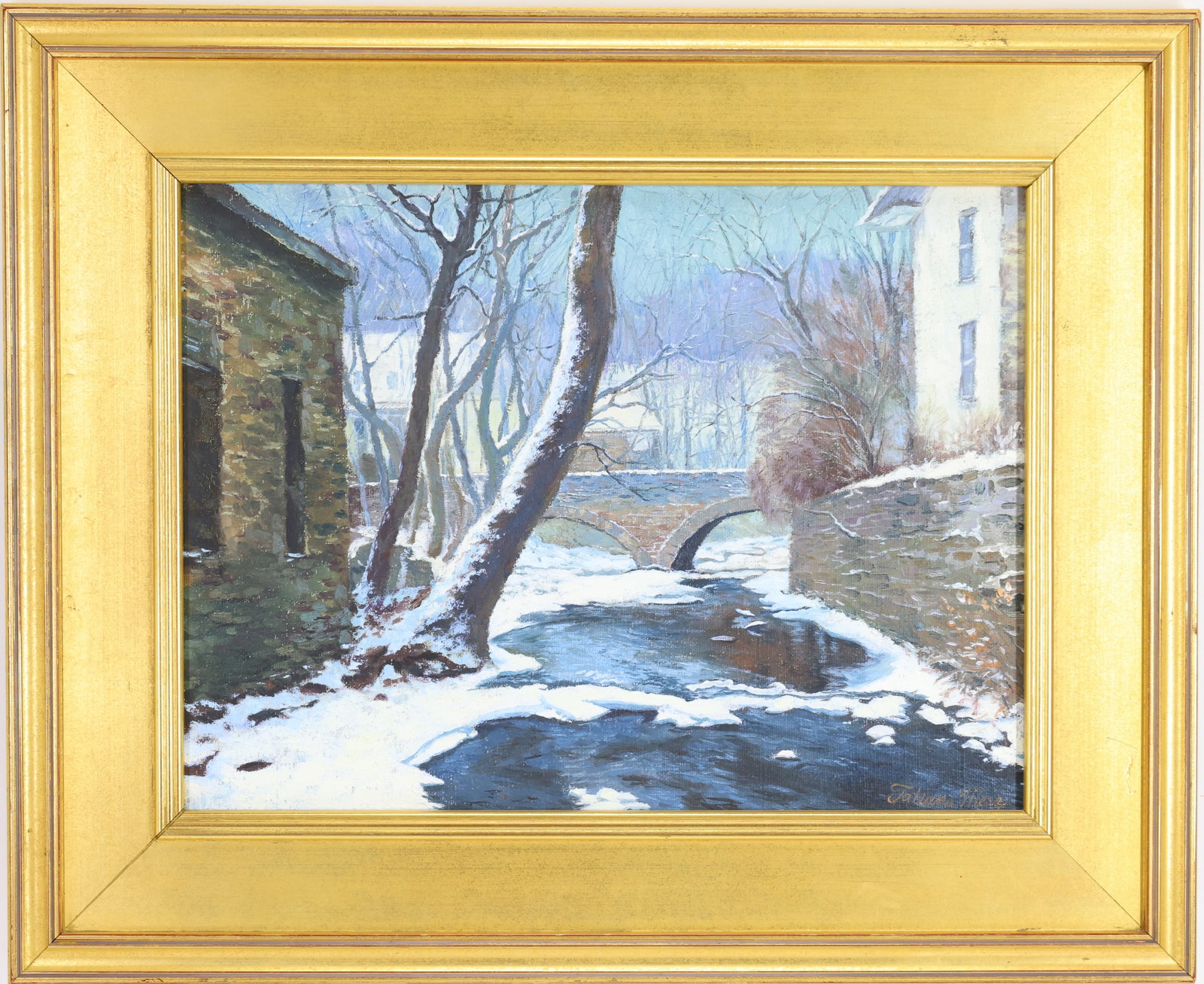 Tatiana M. Alexeeva (Born 1963): Oil on canvas, SLR. Impressionist winter stream scene with snow covered banks, leaning tree, stone bridge in the distance, and buildings along the water’s edge. 12”h x 16”w and 18”