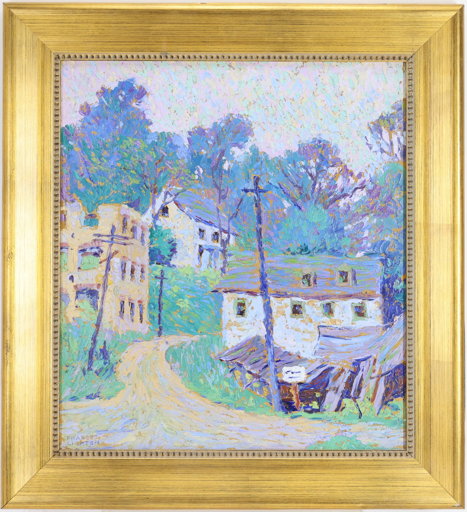 Frances M. Lichten (1889 - 1961): Oil on board, “The Deserted Village,” SCR. Impressionist landscape with hillside houses, telephone poles, and a winding dirt road. 17.75”h x 16”w and 22”h x 20”w