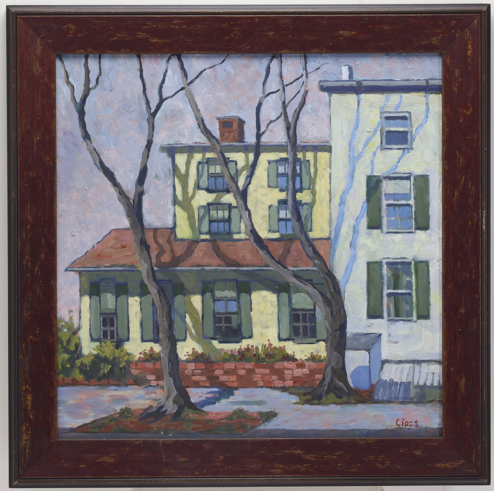 Jan Lipes (Born 1951): Oil on board, SLR. Impressionist landscape with a view of a home and barren trees. 18"h x 18"w sight and 22"h x 22"w framed