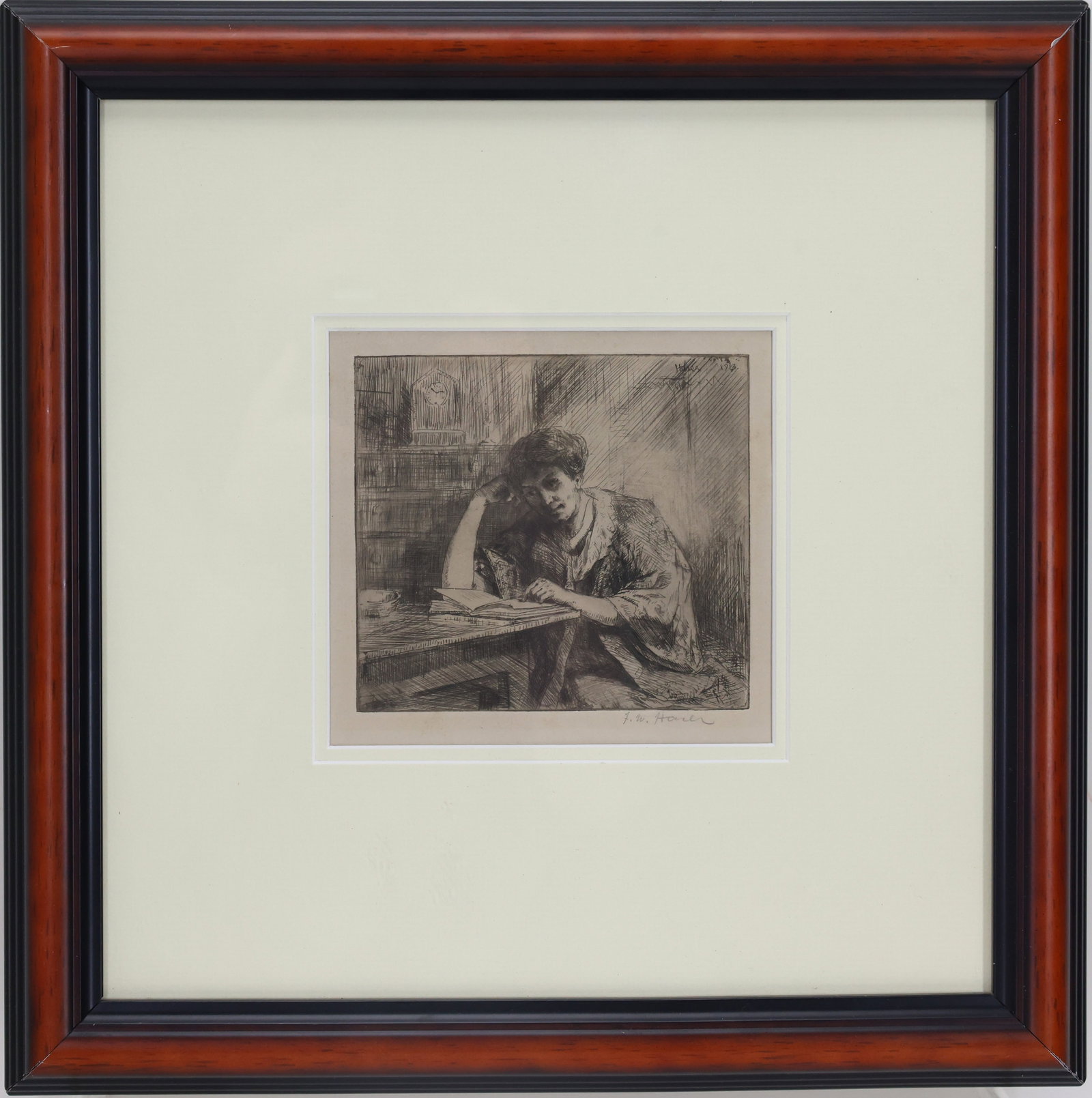 Frederick Harer (1879-1947): Etching "Book Worm", pencil signed LR. Seated woman with an open book. 5"h x 5.5"w and 13.5"h x 13.5"w framed