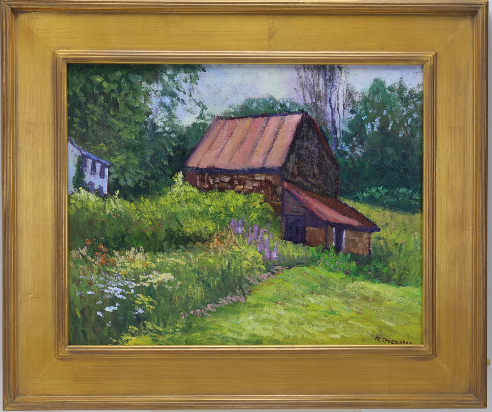Ray Overpeck (Born 1933): Oil on board, "Golden Path", SLR. Lush garden landscape. 16"h x 20"w and 22"h x 26"w framed