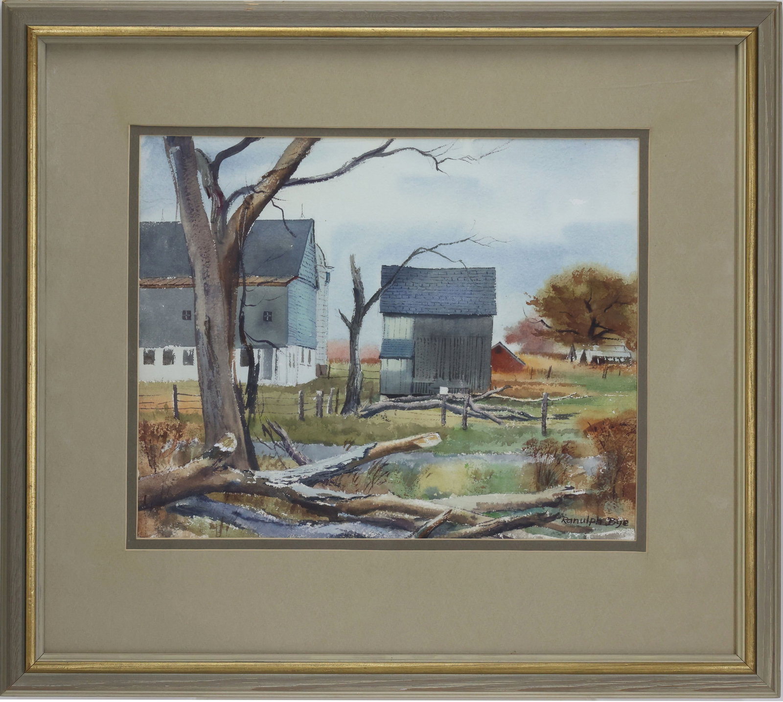 Ranulph Bye (1916-2003): Watercolor, "Hilltown Barn, 1967", SLR. Rural landscape of farmstead with outbuildings. 12"h x 14"w sight and 20"h x 22"w framed