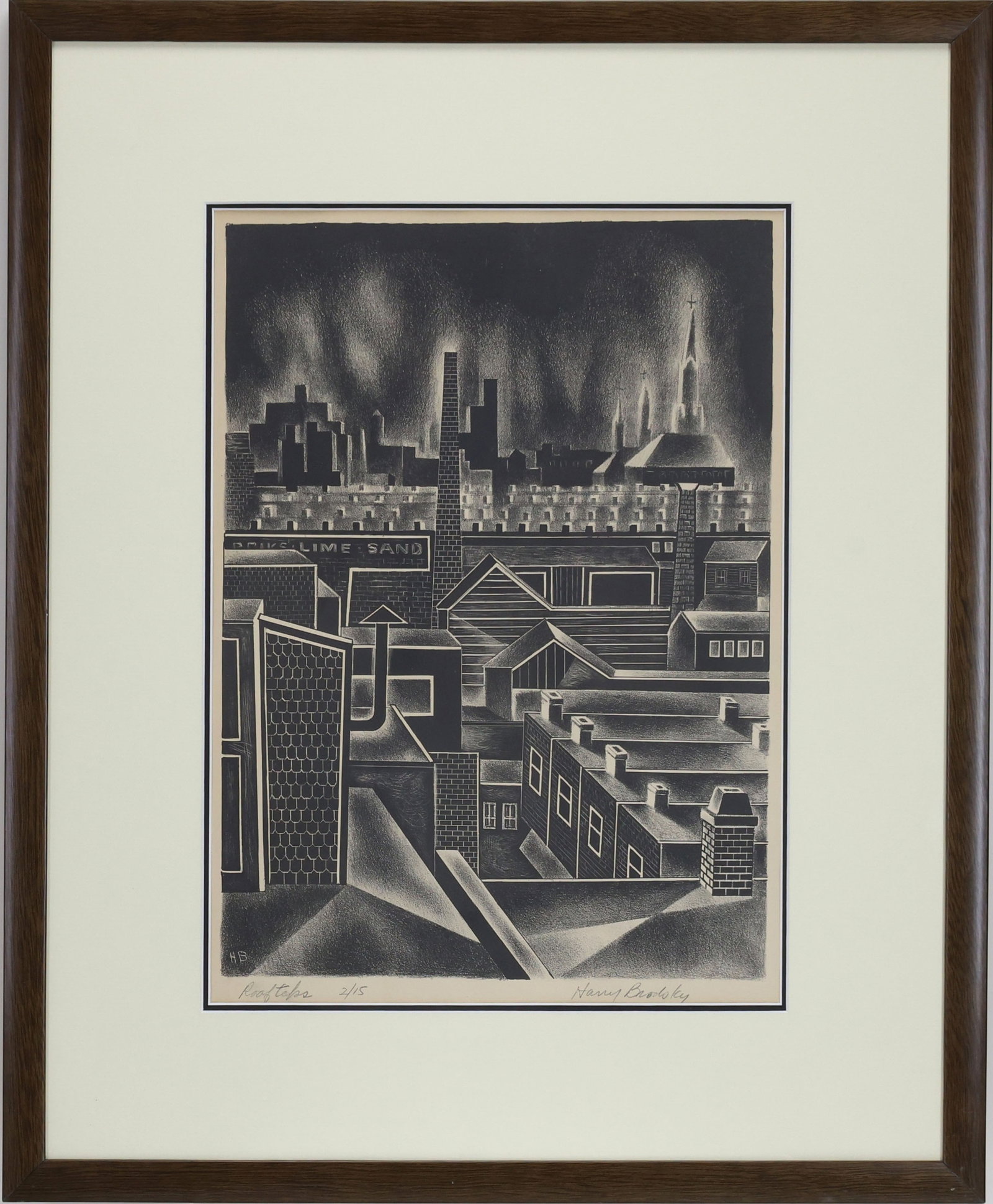 Harry Brodsky (1908-1997): Limited edition lithograph, "Rooftops", pencil signed and numbered. Architectural cityscape. 14"h x 10"w sight and 21.5"h x 17.5"w framed