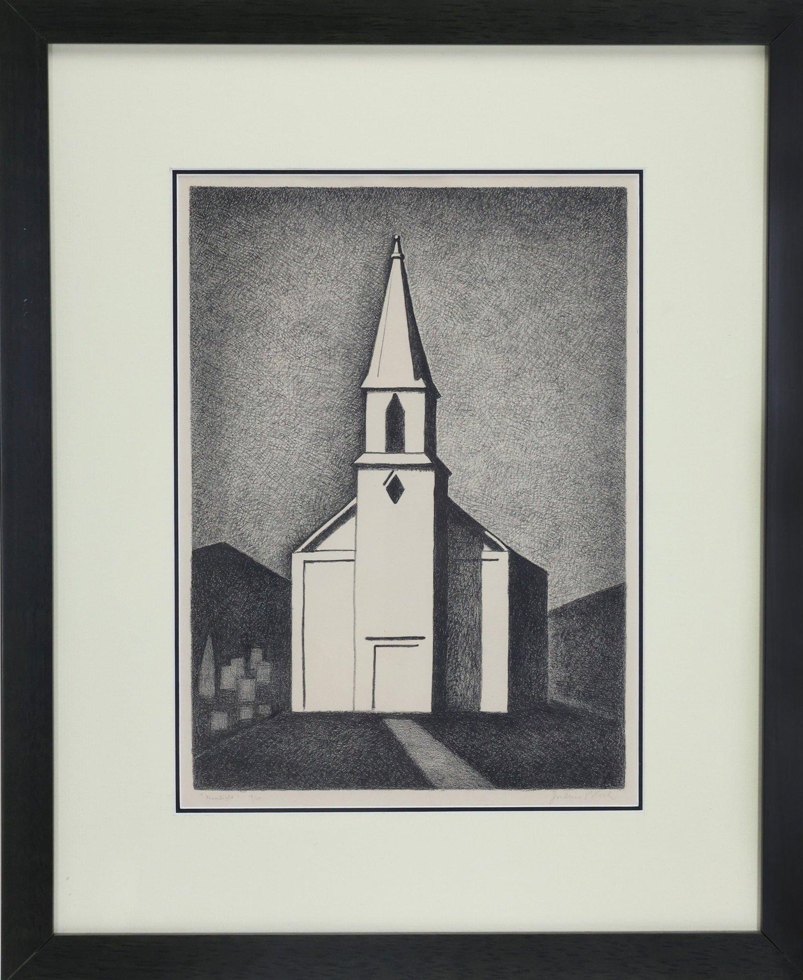 Julius Bloch (1888 - 1966): Limited edition lithograph "Moonlight", 19/50 and pencil signed LR. Facade of a church with spire. 14"h x 10.5"w sight and 22.5"h x 18.5"w framed