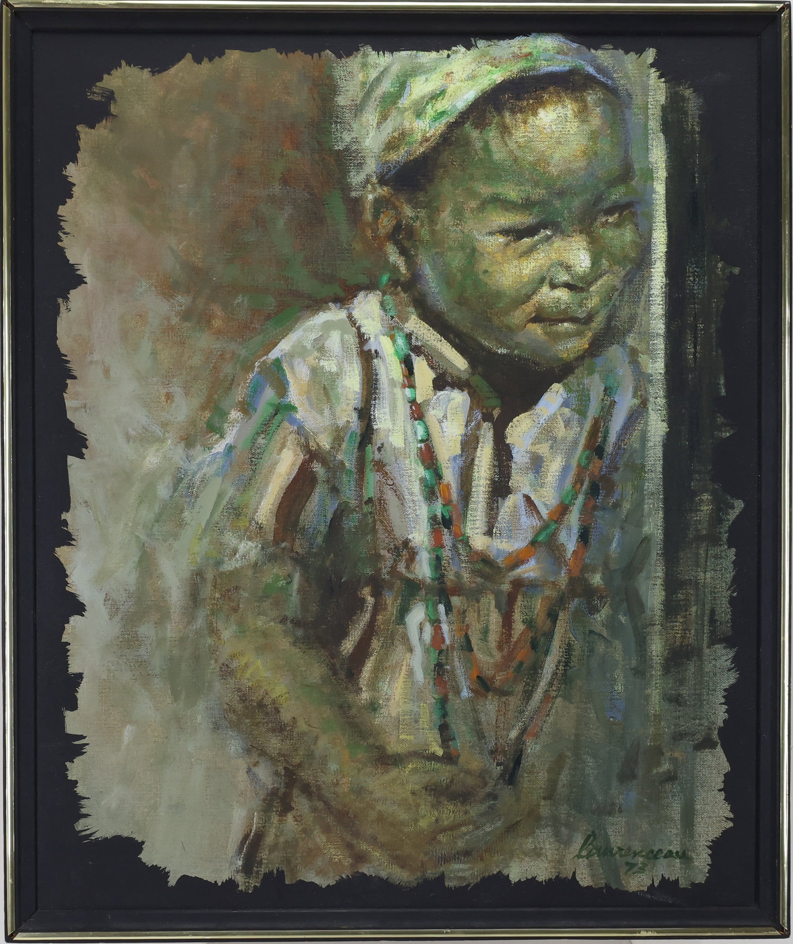 Lyonel Laurenceau (Born 1942): Oil on canvas, SDLR '72. Portrait of a child wearing a cap and beaded necklace. 25"h x 21"w framed