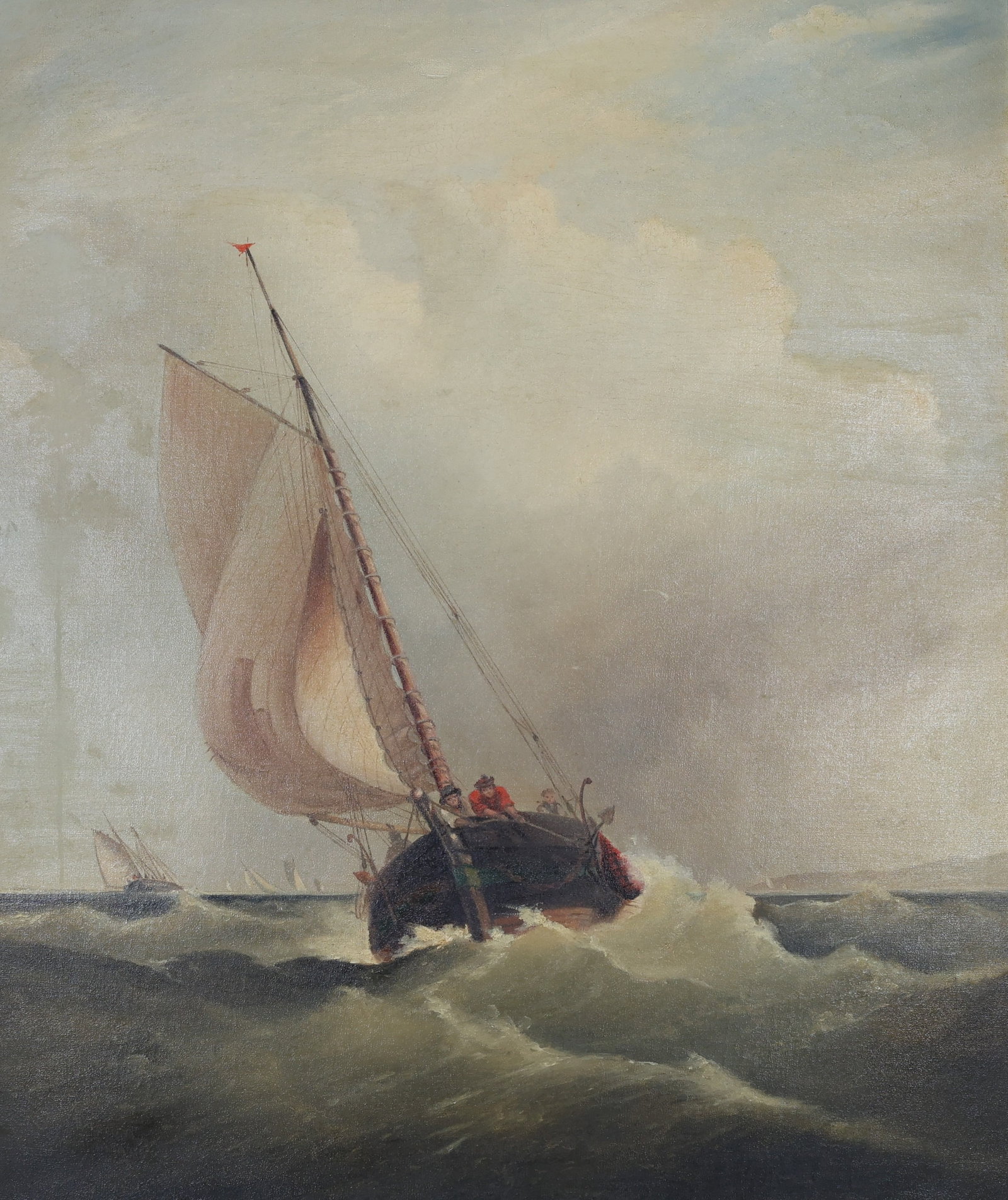 Charles Gulager (1826 - 1899): Oil on canvas, SLL and signed and dated en verso 1858. Nautical scene with sailboat navigating choppy waters. 30"h x 25"w and 34.5"h x 29.5"w framed