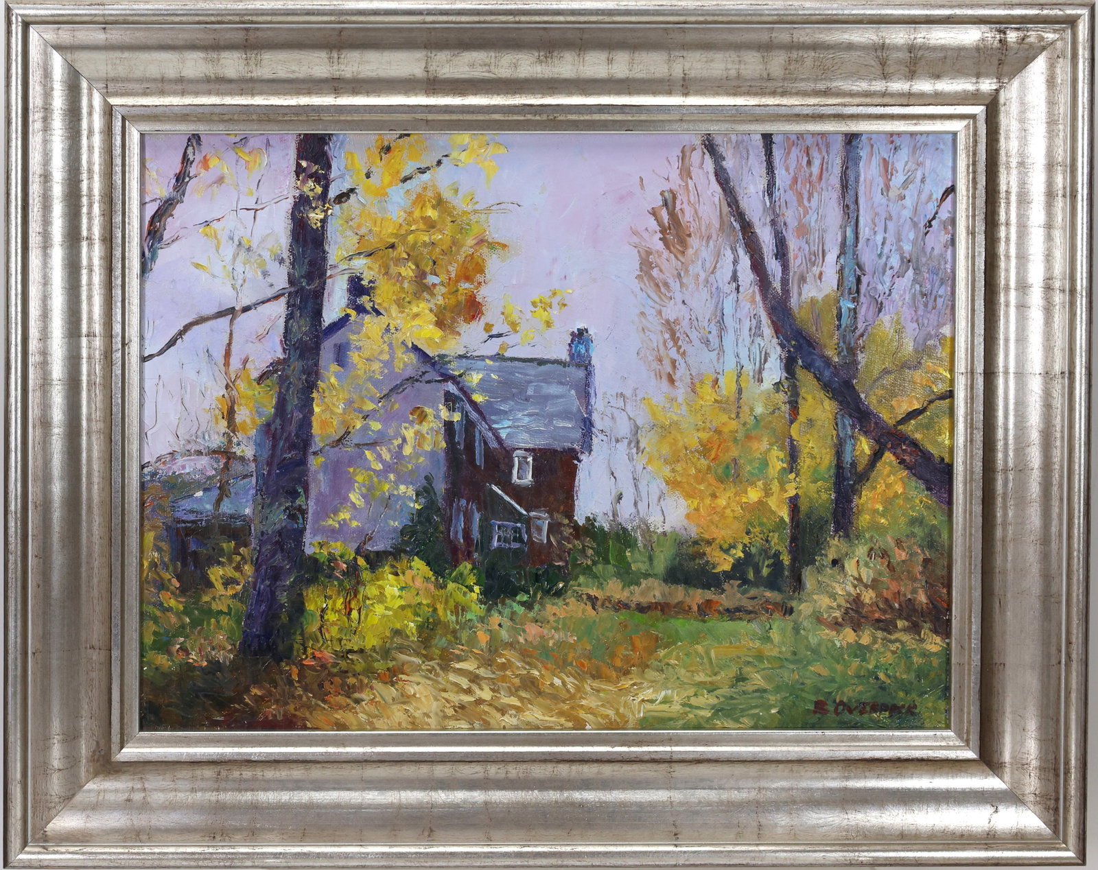 Ray Overpeck (Born 1933): Oil on canvas, "Red House", SLR. Autumn landscape with house and trees with yellow foliage. 12""h x 16"w and 16.5"h x 20.5"w framed