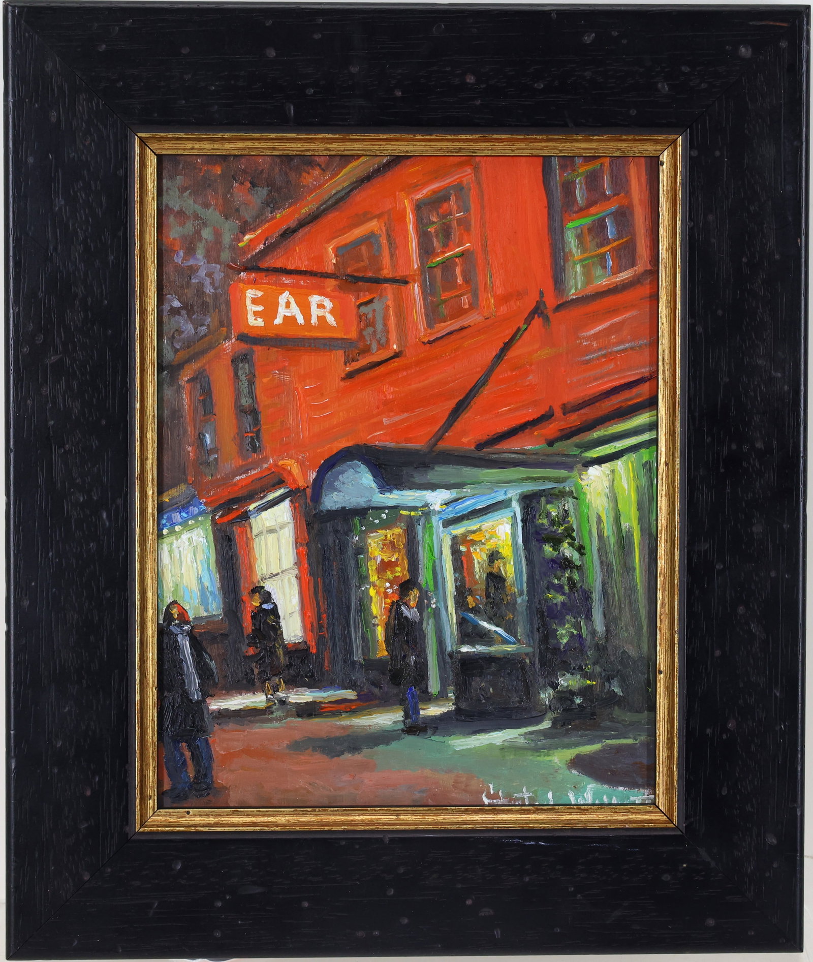Christopher G. Willett (Born 1959): Oil on board, "The Ear Inn", SLR. Night street scene with the titled establishment and pedestrians. 9"h x 7"w and 12.5"h x 10.5"w framed