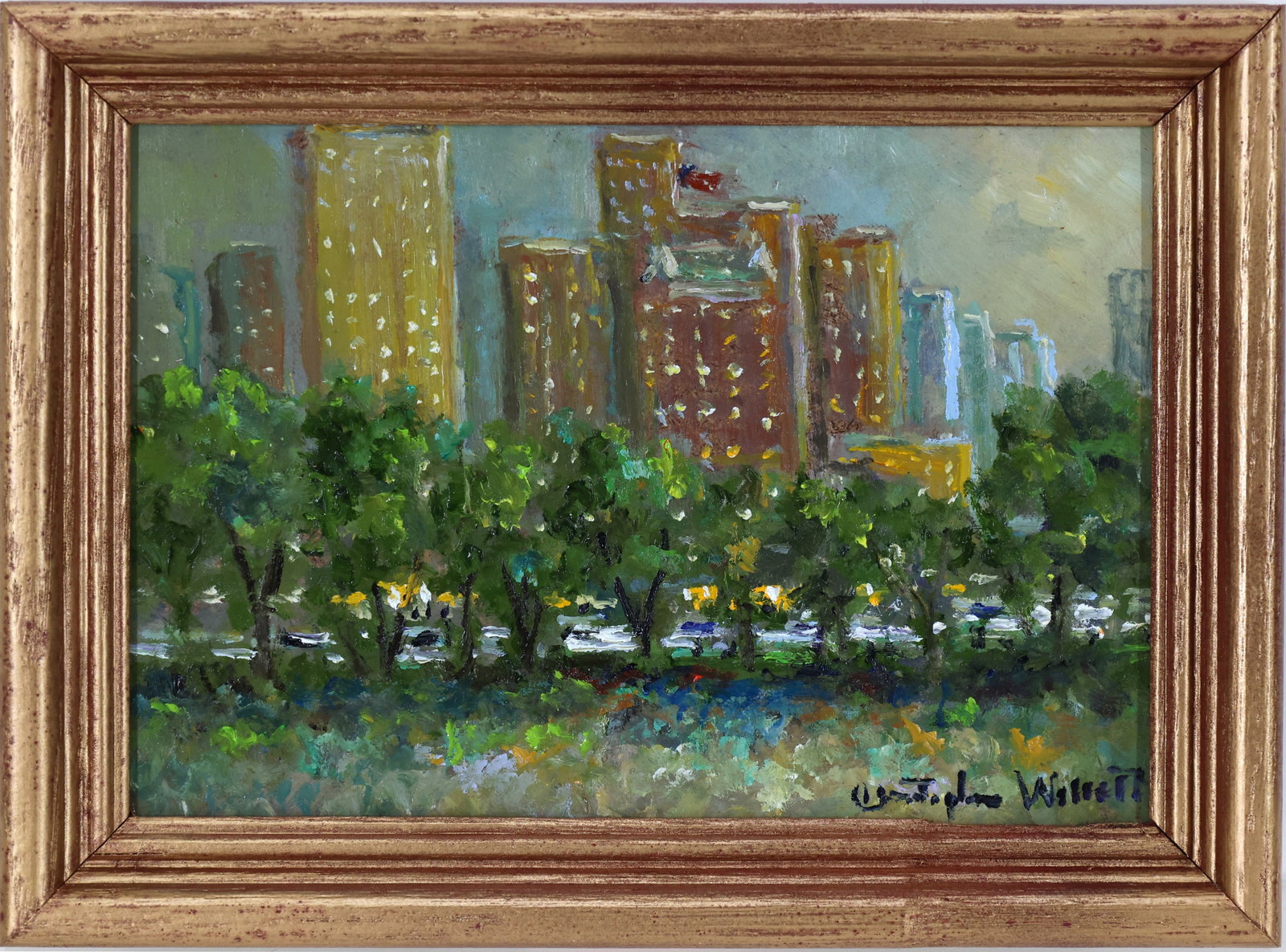 Christopher G. Willett (Born 1959): Oil on board, "View of 59th from the park, NYC", SLR. Impressionist cityscape with buildings beyond a tree line. 5"h x 7"w and 6"h x 8"w framed