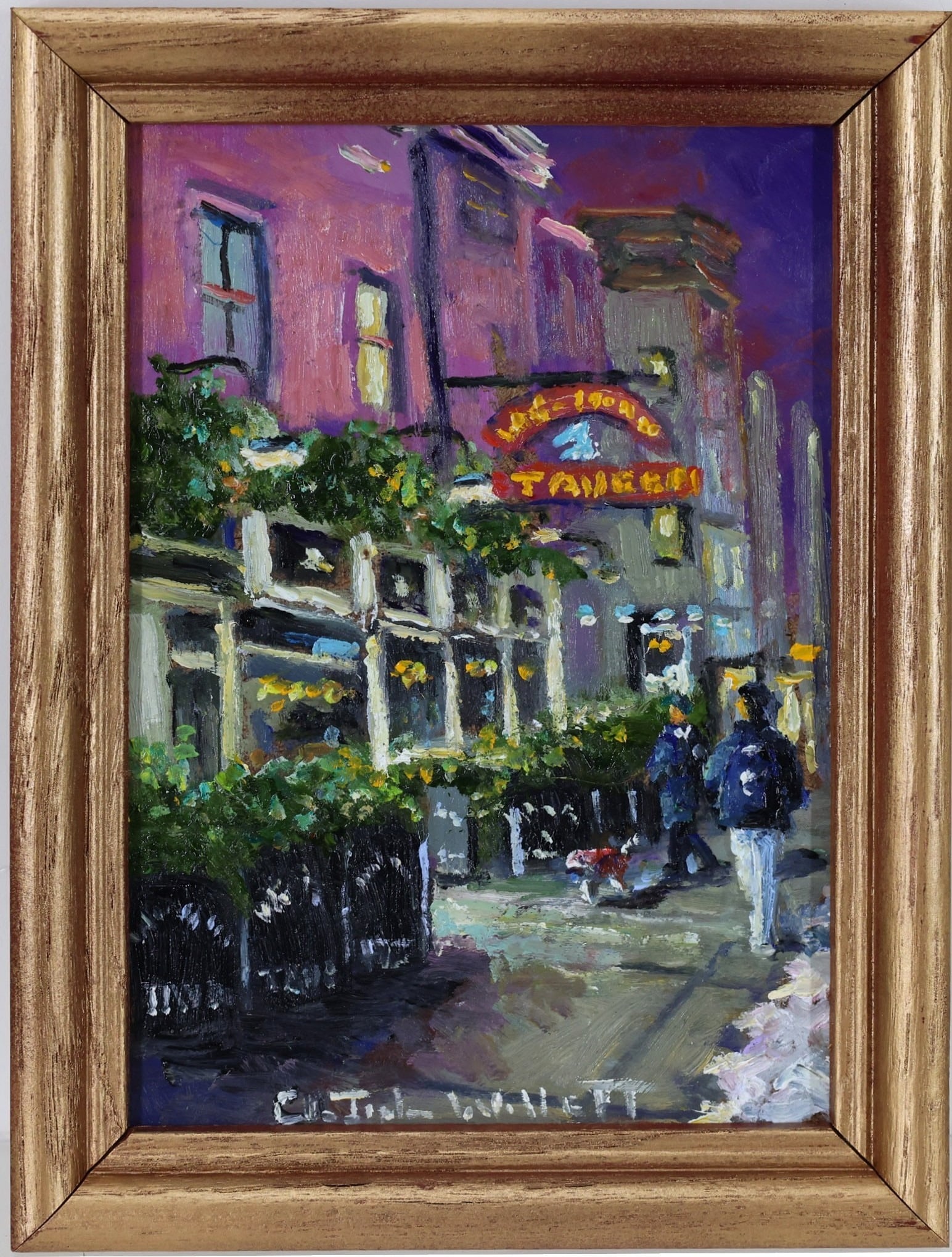 Christopher G. Willett (Born 1959): Oil on board, "White Horse Tavern", SLR. Night street scene with a marquee and pedestrians. 7"h x 5"w and 8"h x 6"w framed