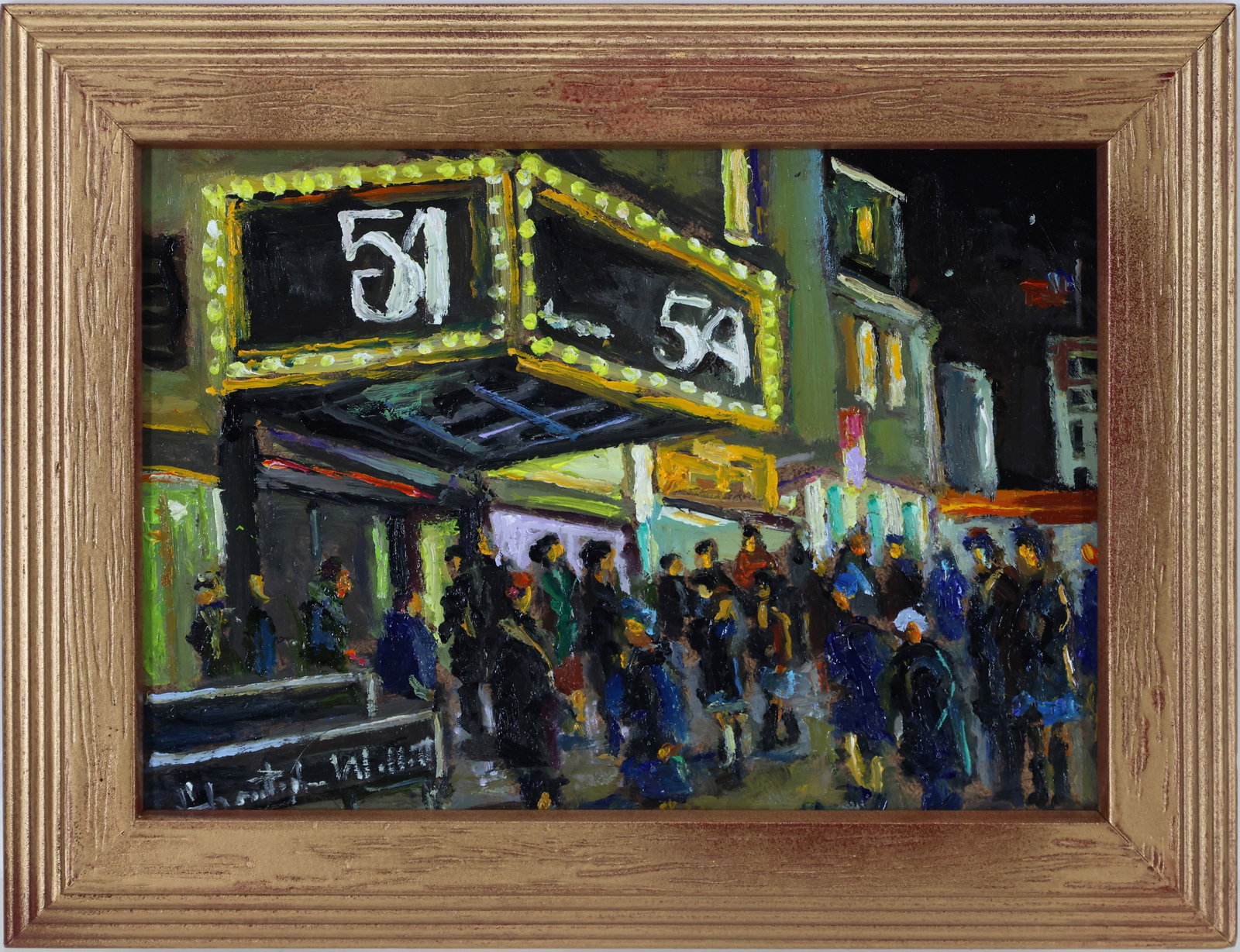 Christopher G. Willett (Born 1959): Oil on board, "Saturday Night, Studio 54", SLR. Night street scene with a marquee and bustling crowd. 5"h x 7"w and 6"h x 8"w framed