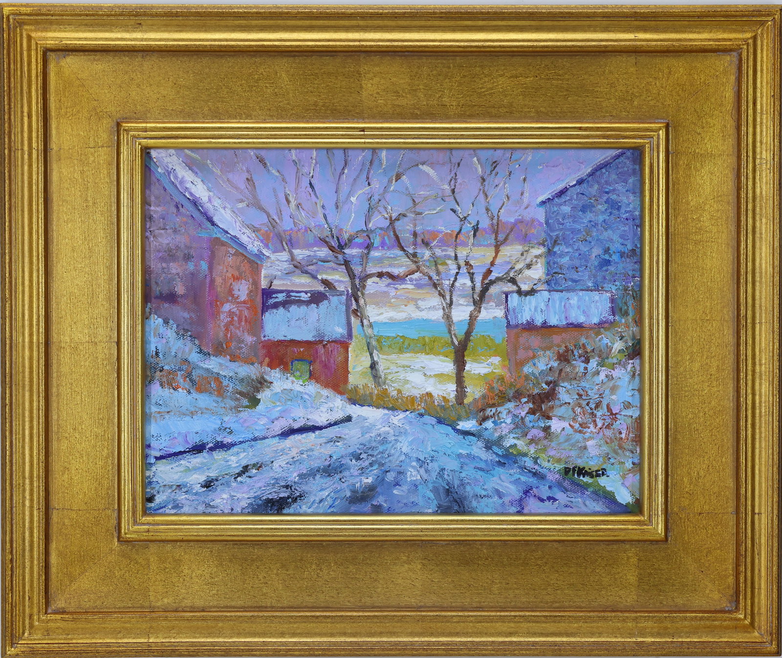 Don Kaiser (b. 1958): Oil on canvas, "Covered Farm", SLR. Winter scene with buildings and snow covered path. 9"h x 12"w and 15"h x 18"w framed