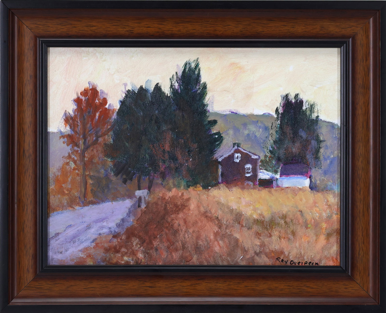 Ray Overpeck (Born 1933): Oil on board, SLR. Impressionist landscape of a rural road and homestead. 8.5"h x 11.5"w and 12"h x 15"w framed