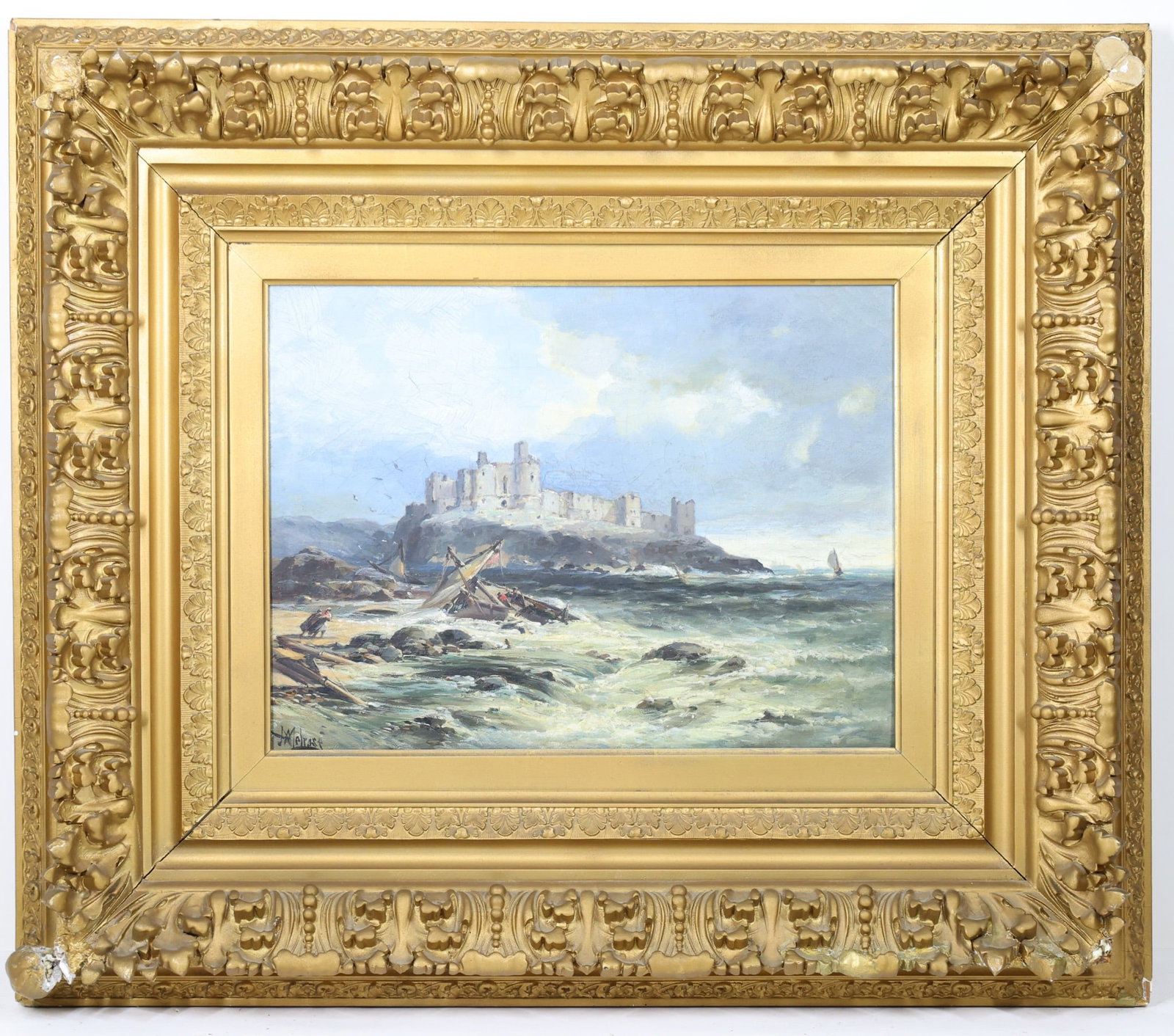 Andrew W. Melrose (1836 - 1901): Oil on canvas, "Dunstanburgh Castle, Coast of North Umberland". Turbulent coastal scene of a shipwreck. 12"h x 16"w and 24"h x 28"w framed