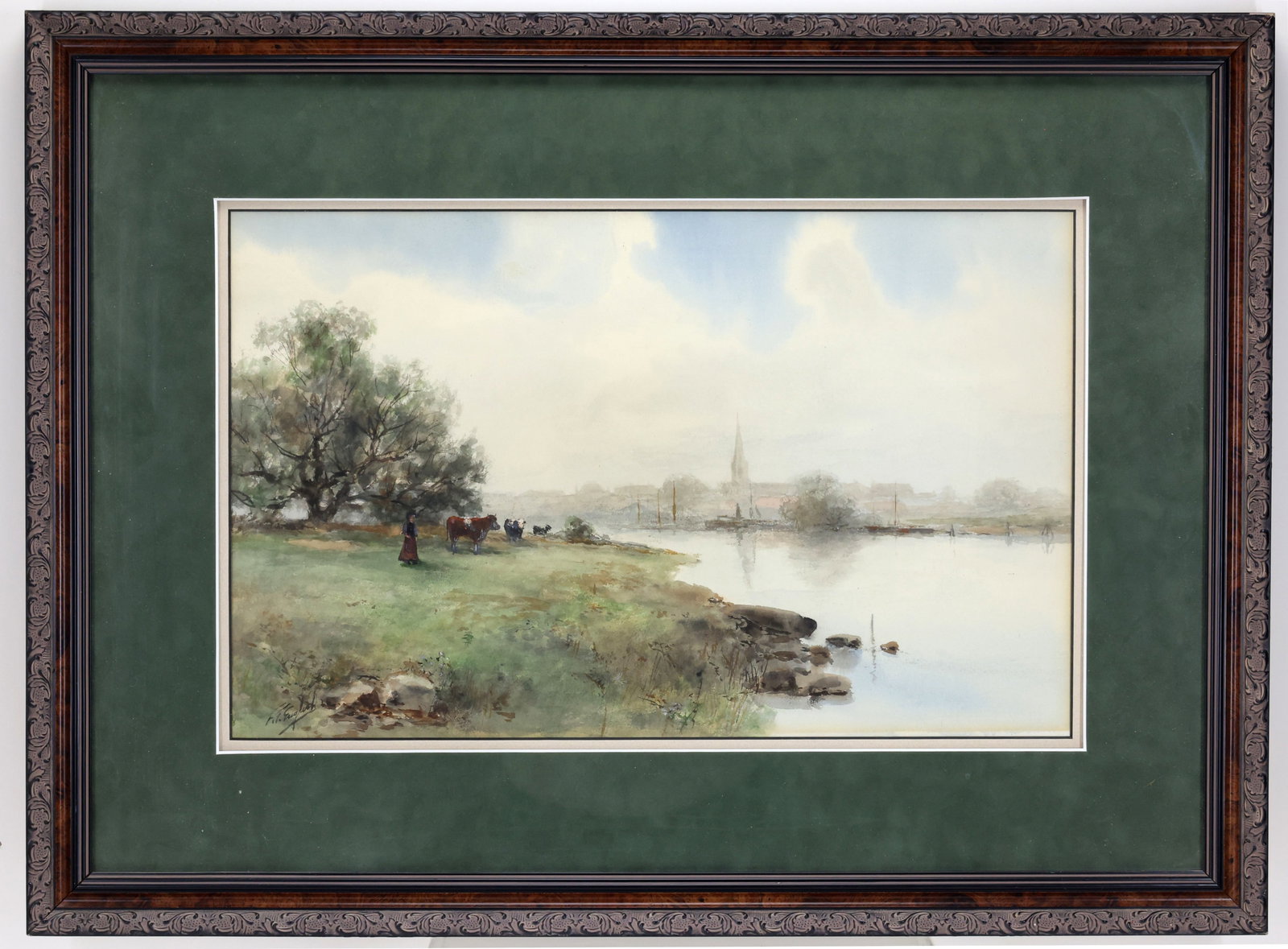 Frank F English (1854-1922): Watercolor, SLL. Woman tending to her cattle at the water's edge, hazing townscape in the distance. 12"h x 19"w sight and 21"h x 28"w framed
