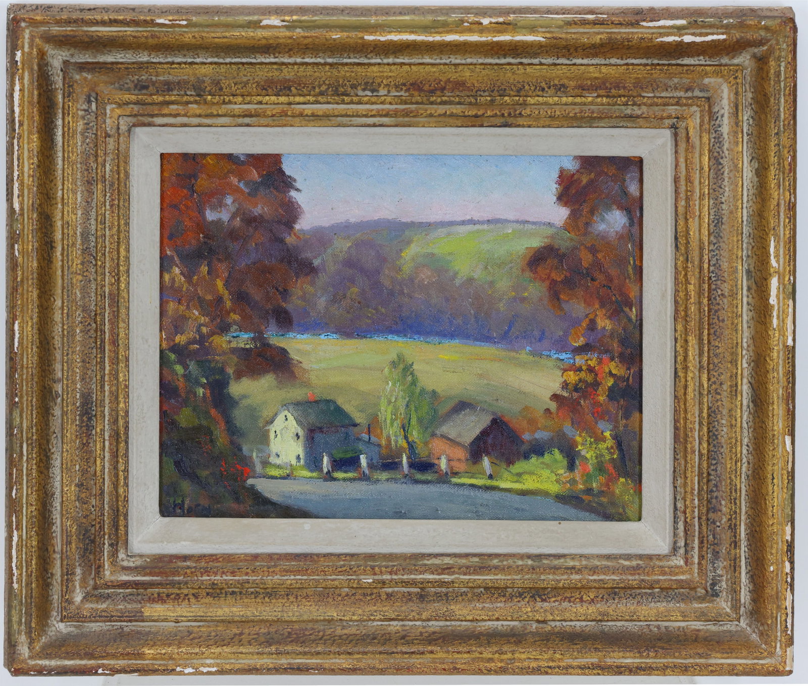 Harry Horn (1901-1982): Oil on board, SLL. Valley landscape with farmhouse and outbuildings. 8"h x 10"w and 13"h x 15"w framed