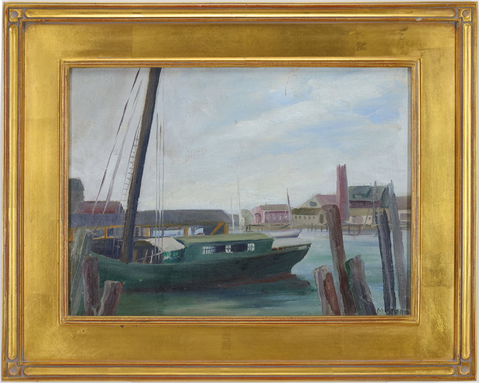 Melville F Stark (1903-1987): Oil on board, SLR. Harbor scene with docked sailboats. 12"h x 16"w and 17.25"h x 21.25"w framed
