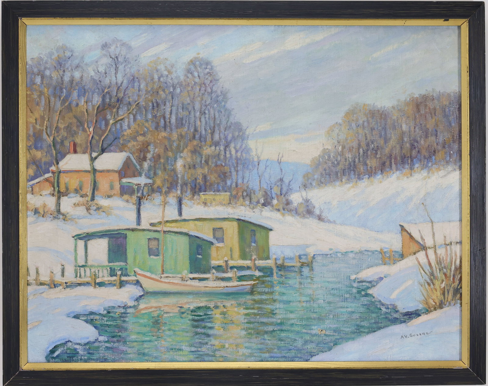 Albert Van Nesse Greene (1887-1971): Oil on canvas, SLR. Impressionist winter harbor landscape with a docked boat and waterside buildings along a snow covered shoreline. 16"h x 20"w and 18"h x 22"w framed