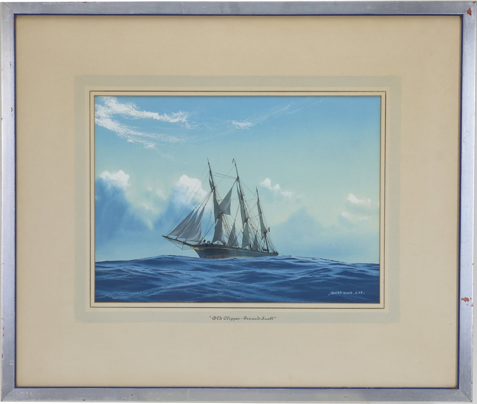 Hunter Wood (1908-1948): Watercolor, "Old Clipper, Ground Swell", SDLR 1935. Seascape with masted ship on blue seas. 10"h x 14"w sight and 20"h x 23.5"w framed