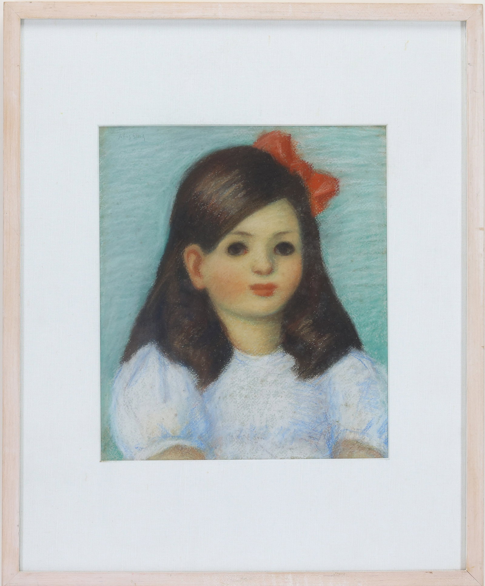 Julius Bloch (1888 - 1966): Pastel on paper, unsigned by the artist. Portrait of a young girl with a red bow. 11"h x 10"w sight and 20"h x 16.5"w framed