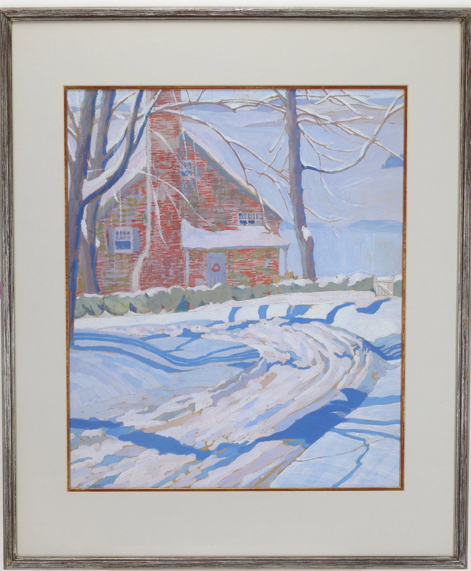 Mildred Bunting Miller (1892-1964): Watercolor gouache, SLL. Artist Estate Stamp en verso. Snowy winter landscape with red brick house. 17"h x 14.5"w sight and 25"h x 21"w framed