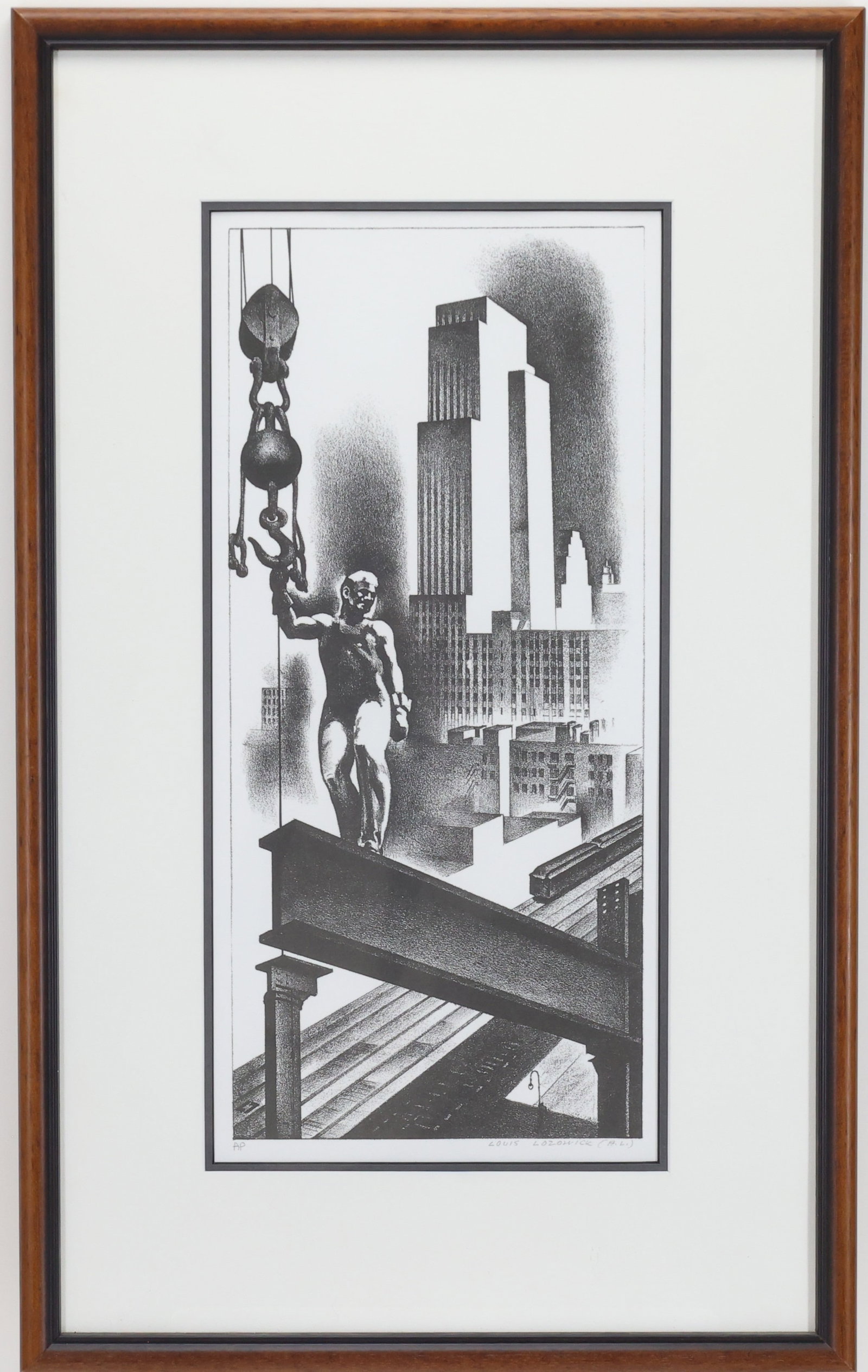 Louis Lozowick (1892 - 1973): lithograph, 1932, ''Above the City'' (Flint 88)- Published in 1982. 17"h x 8"w sight and 25.5"h x 15.5"w framed