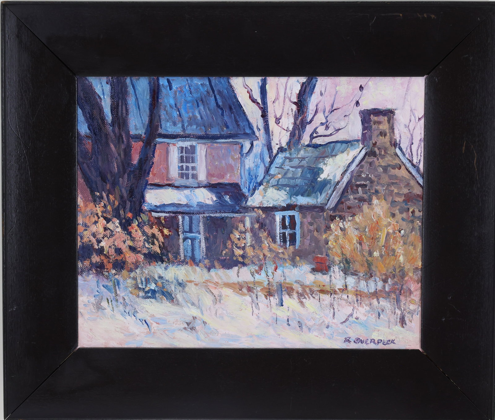 Ray Overpeck (b. 1933): Oil on board, "Country Kitchen", SLR. Snowy winter landscape of Bucks County farmhouse and summer kitchen. 11"h x 14"w and 16.5"h x 19"w framed
