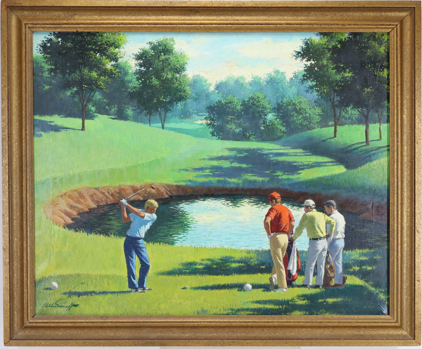 Arthur Sarnoff (1912/1919-2000): Oil on canvas, "The Water Hole", SLL. Narrative Realist style of a foursome playing golf. 24"h x 30"w and 28.25"h x 34.25"w framed
