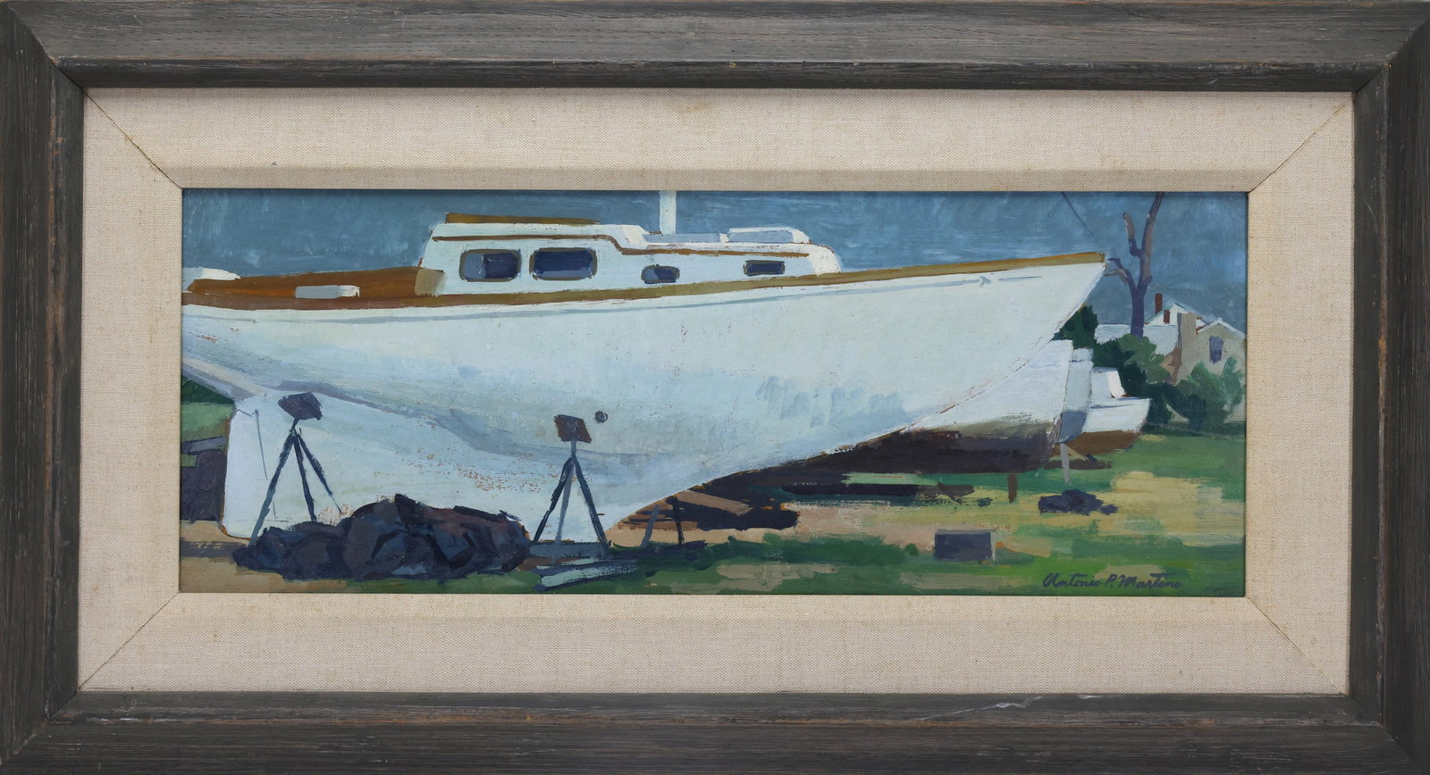 Antonio Martino (1902 - 1988): Oil on board, "Essington", Delaware County, PA, SLR. Boatyard. Includes supporting artist documentation, including ALS addressed to original owner. 7.5"h x 19"w and 14"h x 26"w framed