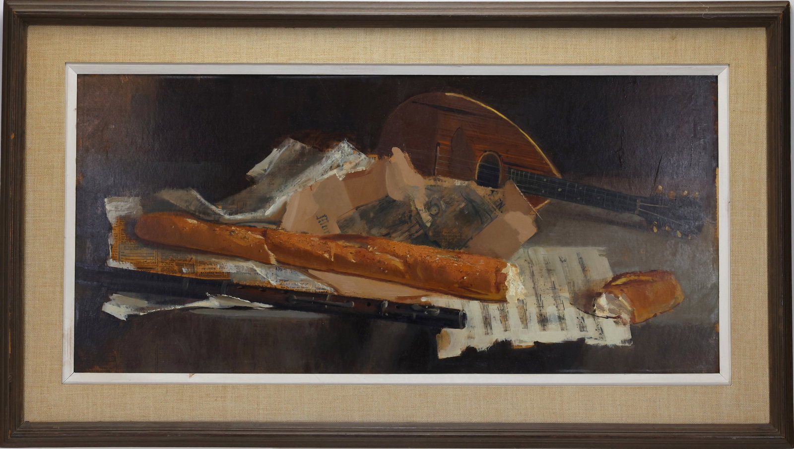 Adolf Konrad (1915-2003): Oil on board, "Bread and Music", SLL. Tabletop still life of a baguette and mandolin sitting among papers including sheet music. 14"h x 30"w and 20"h x 36"w framed