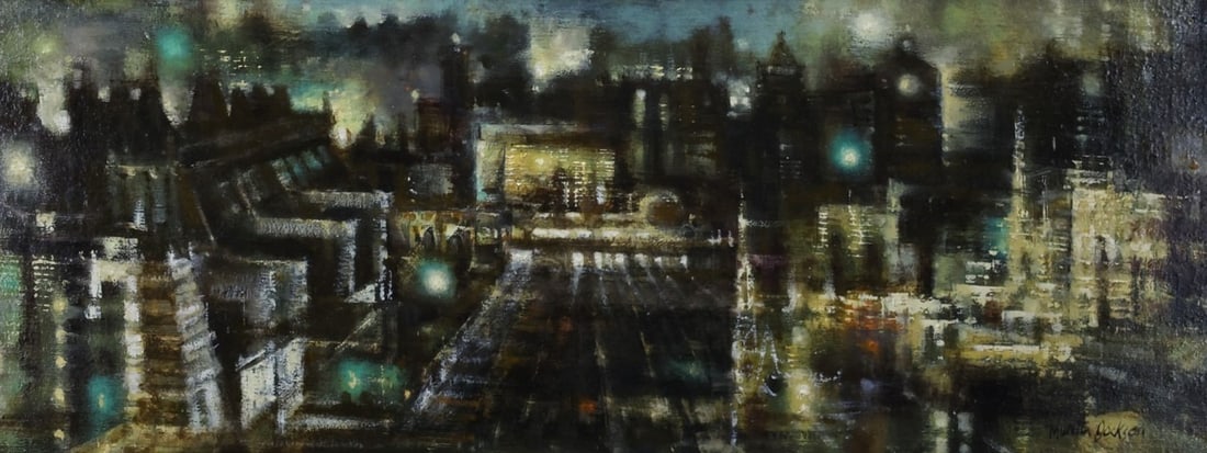 Martin Jackson (1919-1986): Oil on board, "Mid City", Philadelphia, SLR. Nocturnal urban landscape. 11.75"h x 35"w and 20.25"h x 43.5"w framed