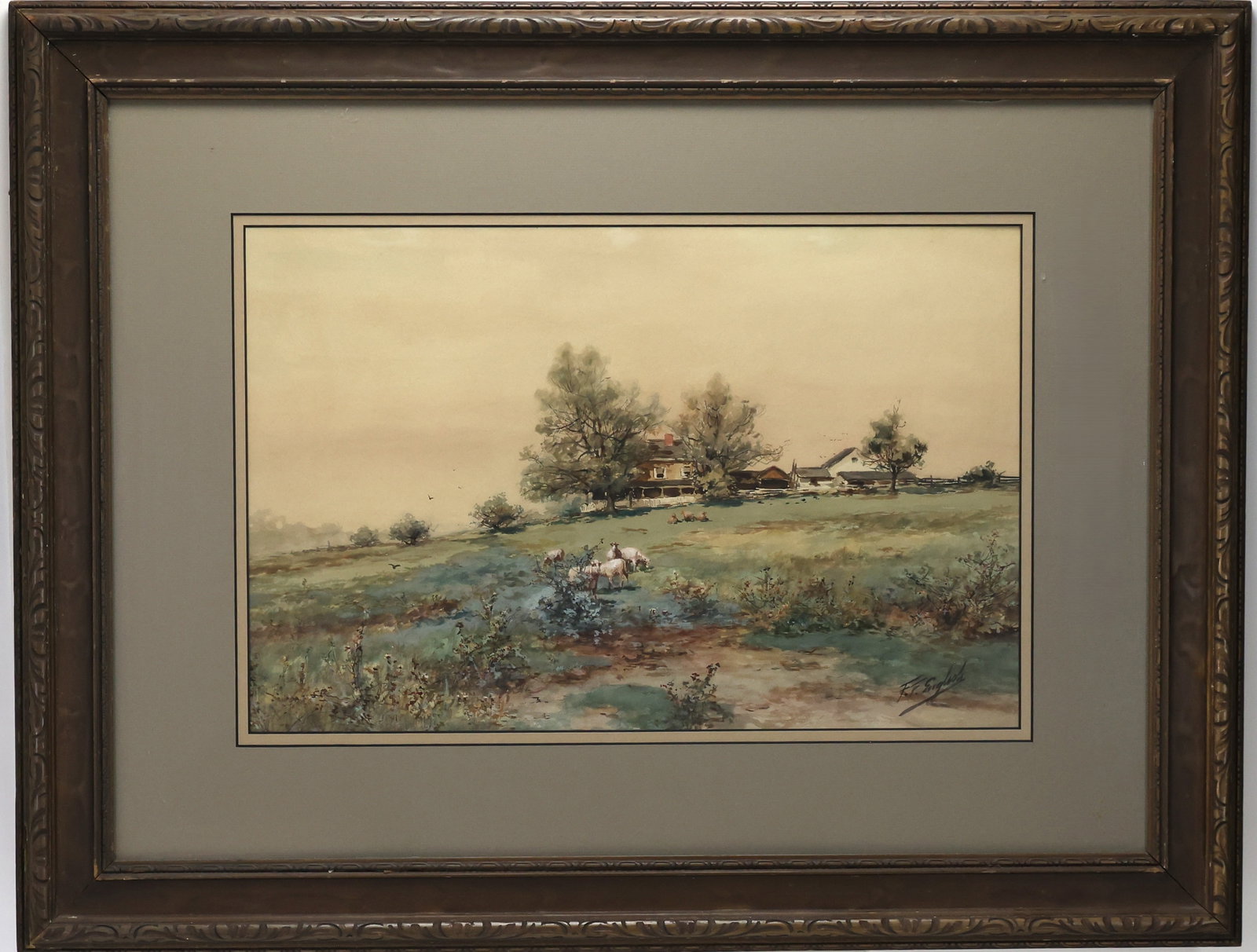 Frank F English (1854-1922): Watercolor, SLR. Pastural landscape of a farmstead and flock of sheep. 13"h x 20"w sight and 24.5"h x 31.75"w framed